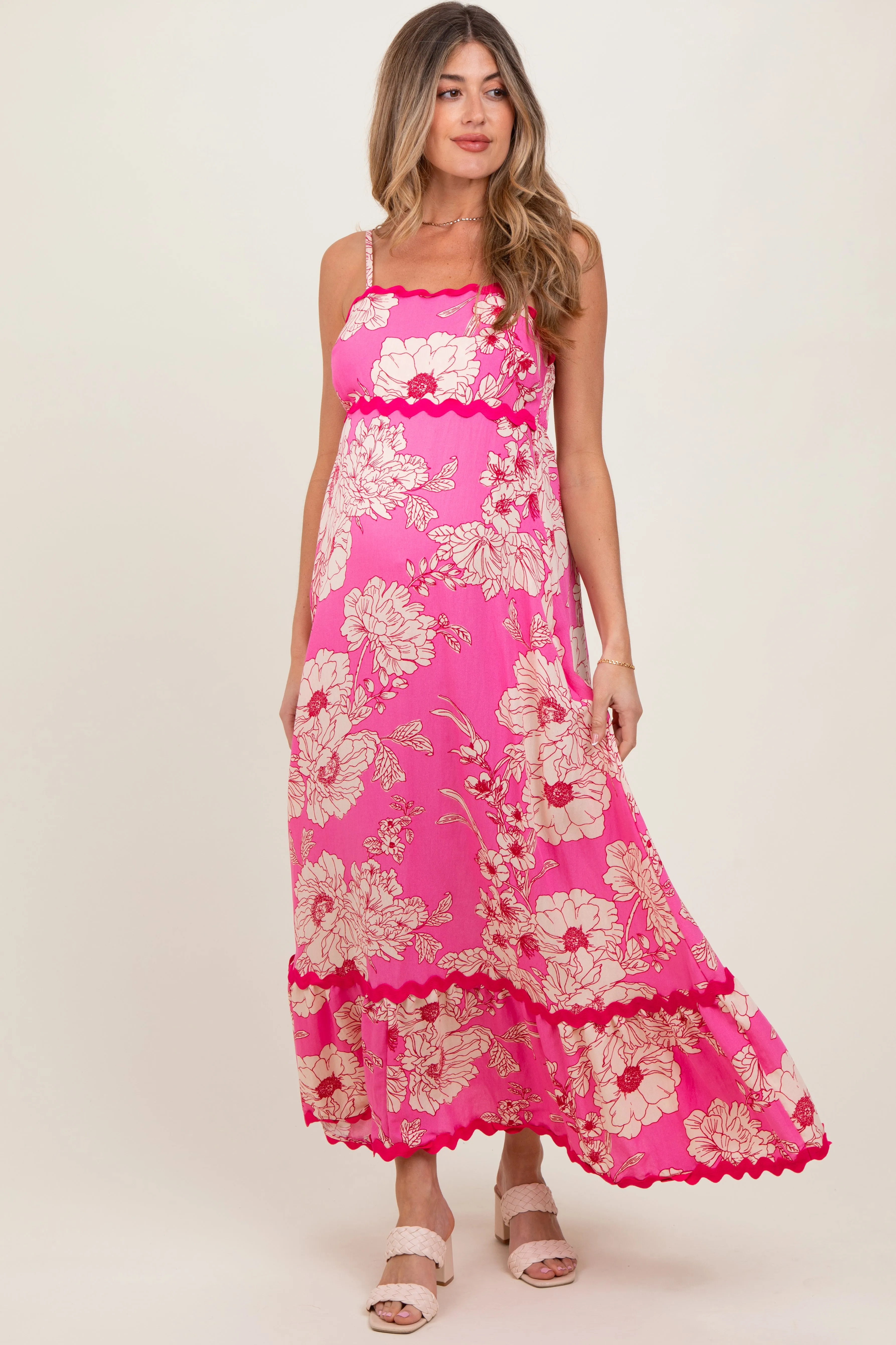 Fuchsia Floral Wavy Trim Maternity Maxi Dress sold by Pinkblush