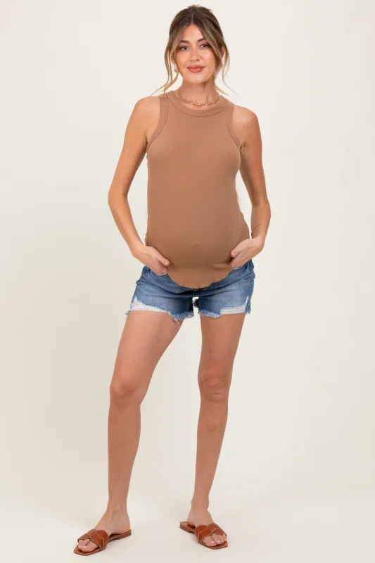 Navy Distressed Fringe Hem Maternity Jean Shorts sold by Pinkblush