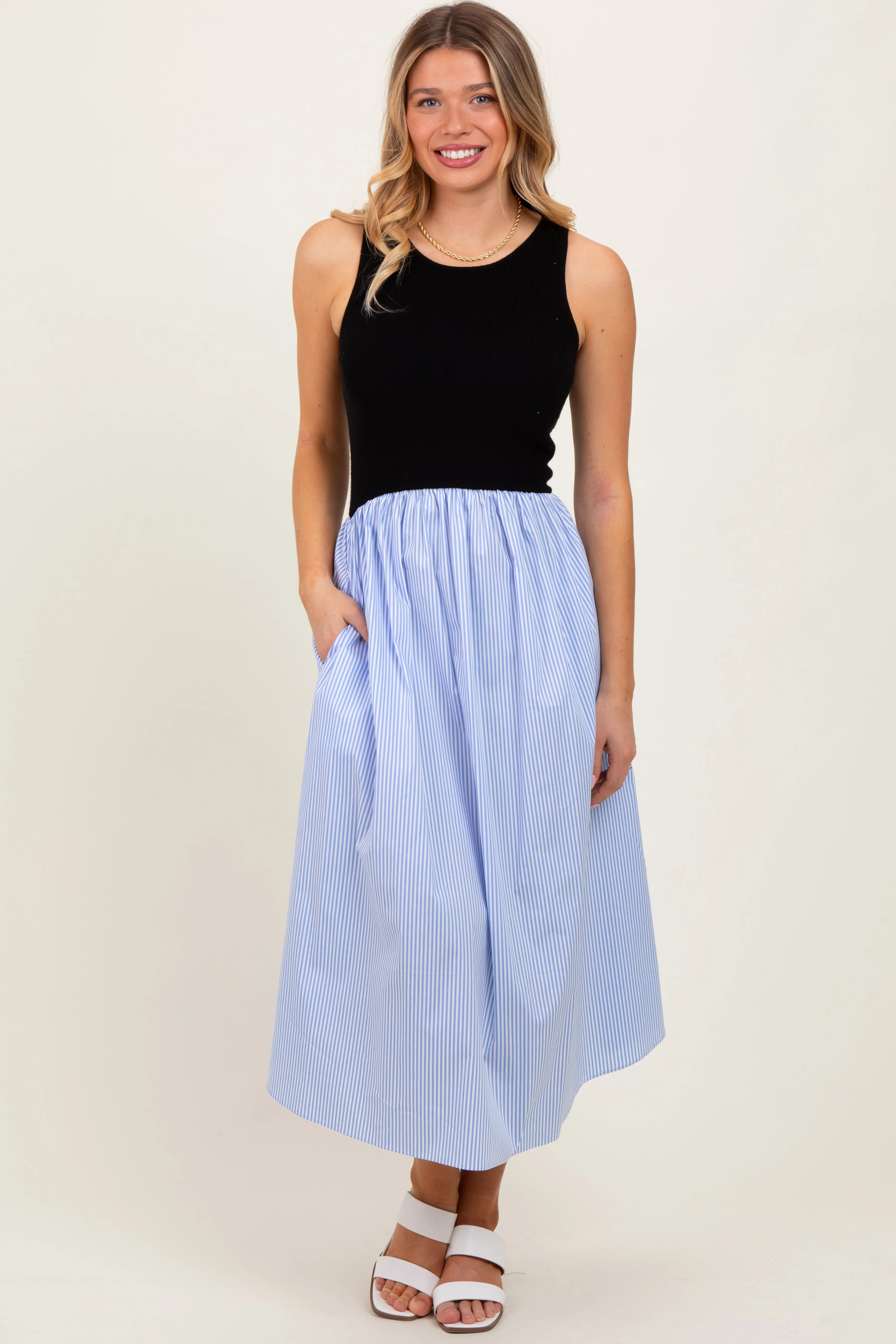 Black Sleeveless Colorblock Striped Skirt Midi Dress sold by Pinkblush