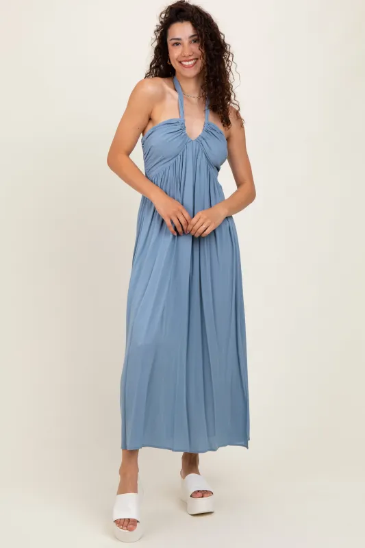 Blue Halter Neck Side Slit Midi Dress sold by Pinkblush
