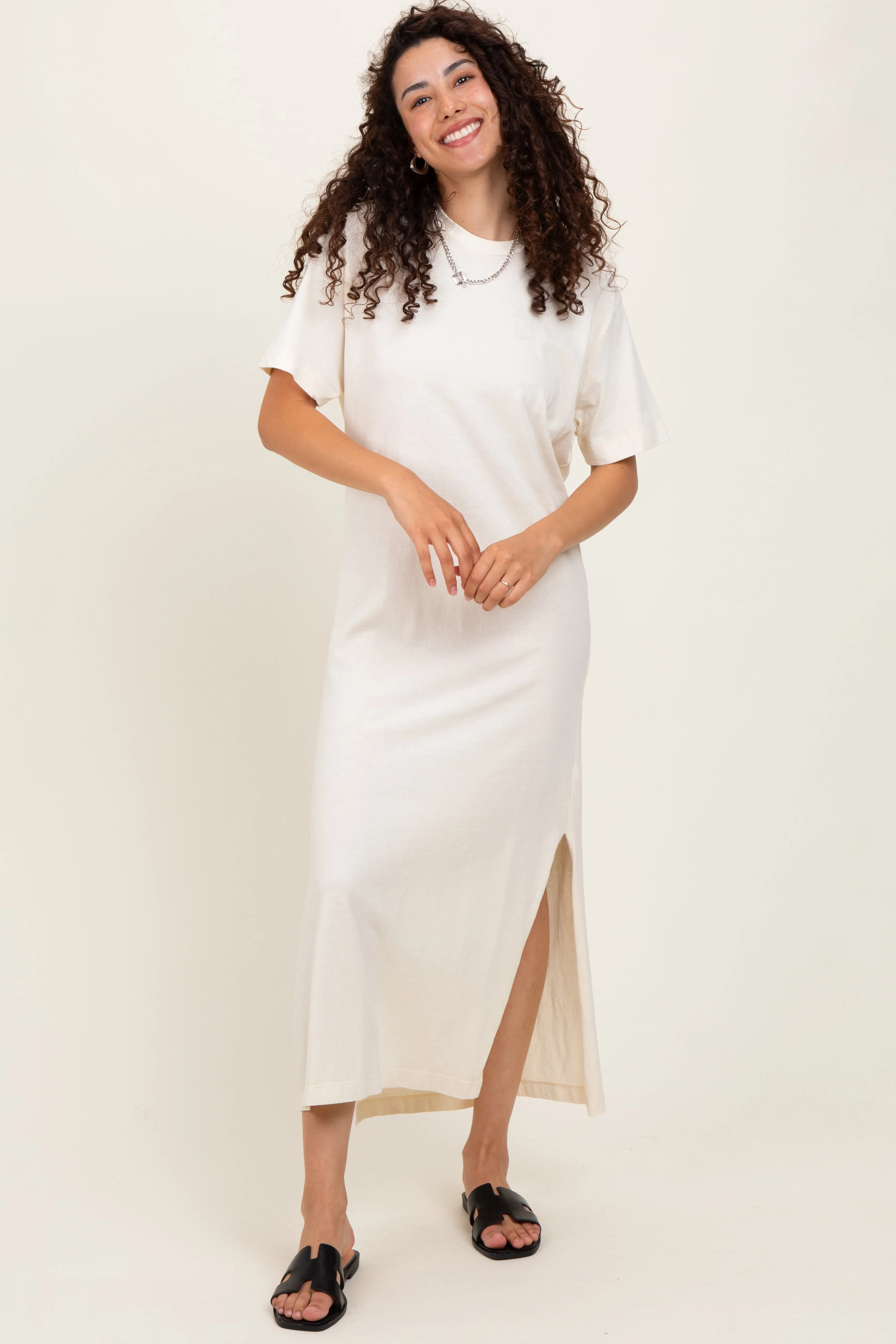 Cream Short Sleeve Knit T-Shirt Maxi Dress sold by Pinkblush