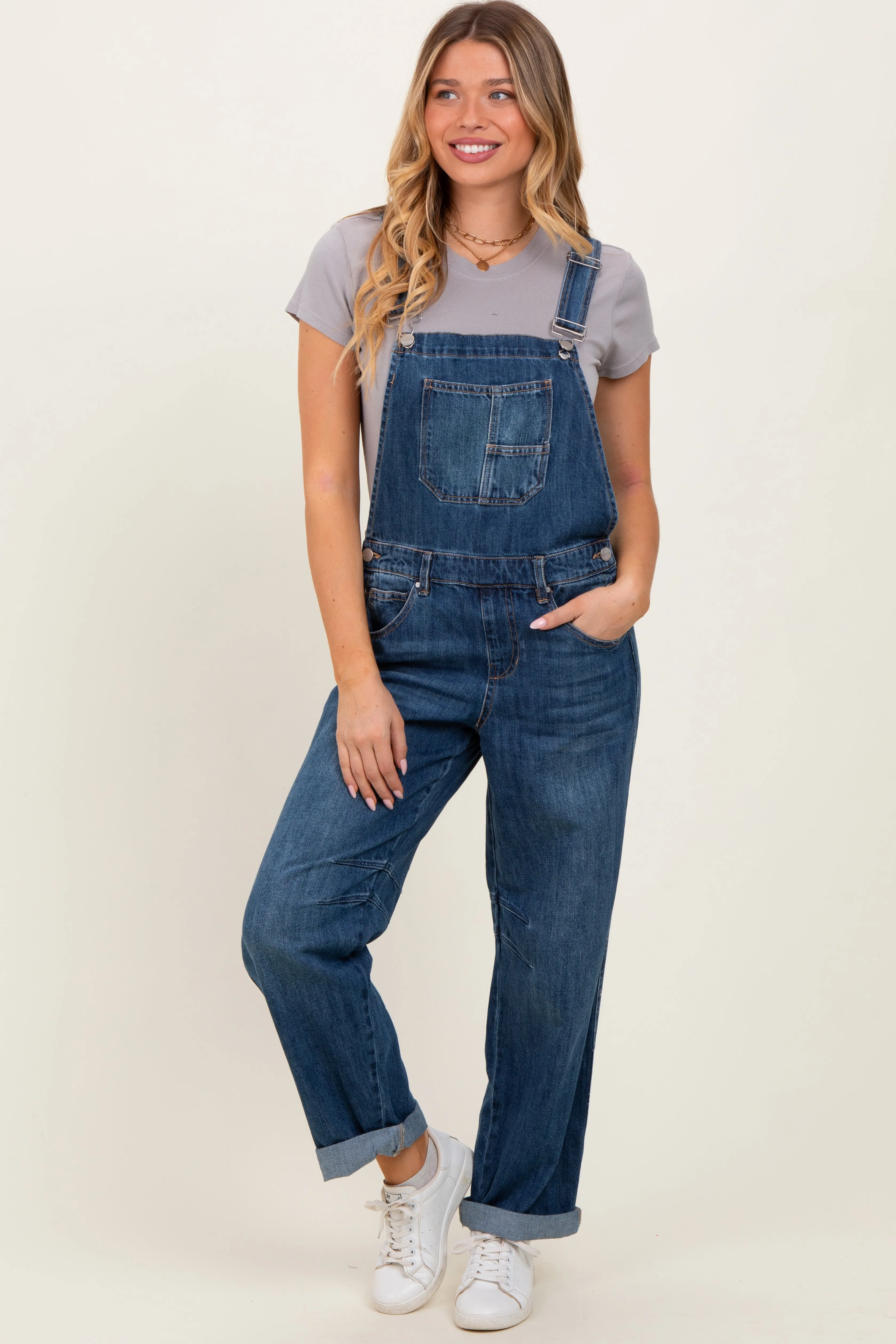 Navy Blue Barrel Leg Rolled Cuff Overall sold by Pinkblush