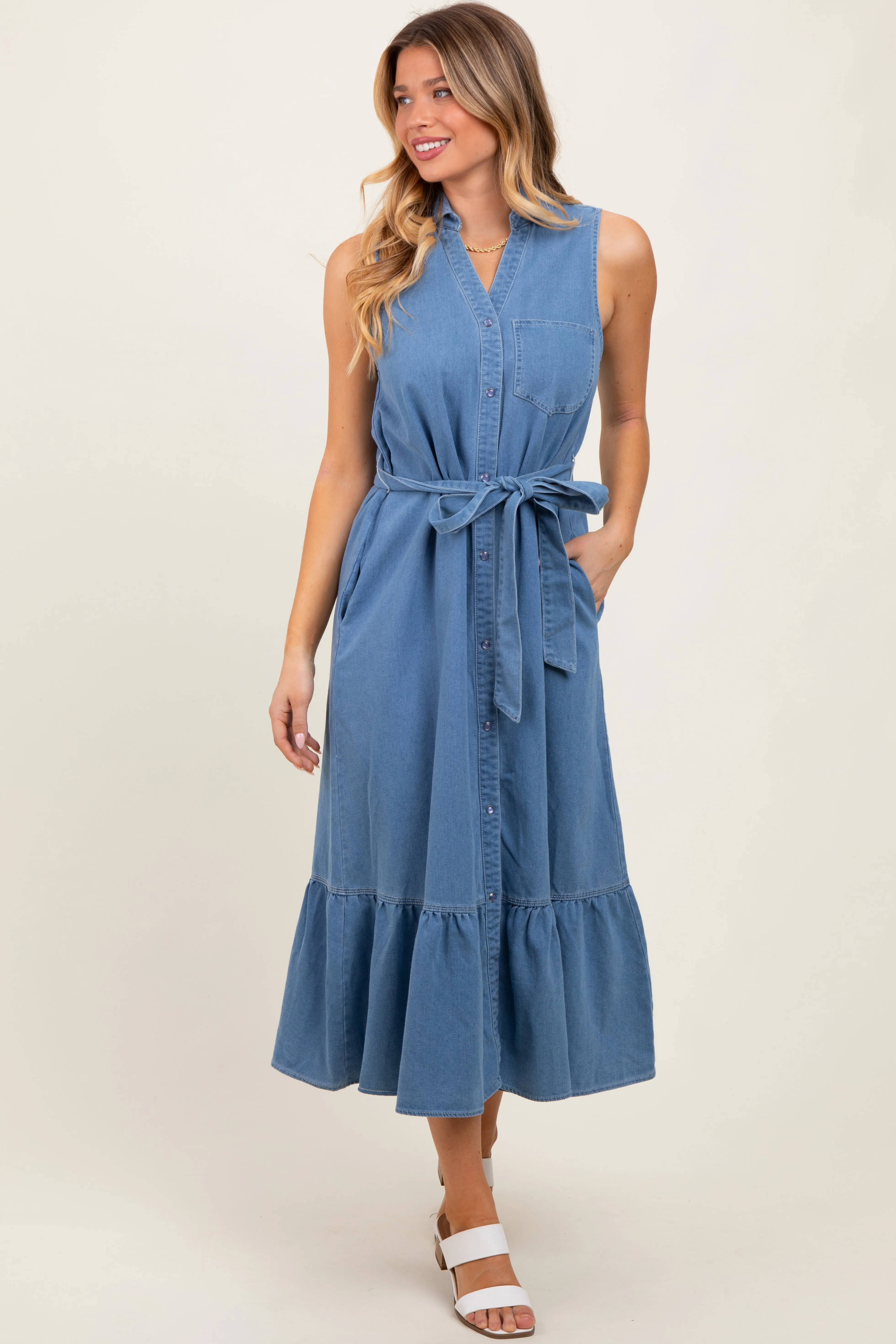 Blue Chambray Sleeveless Sash Tie Shirt Dress sold by Pinkblush