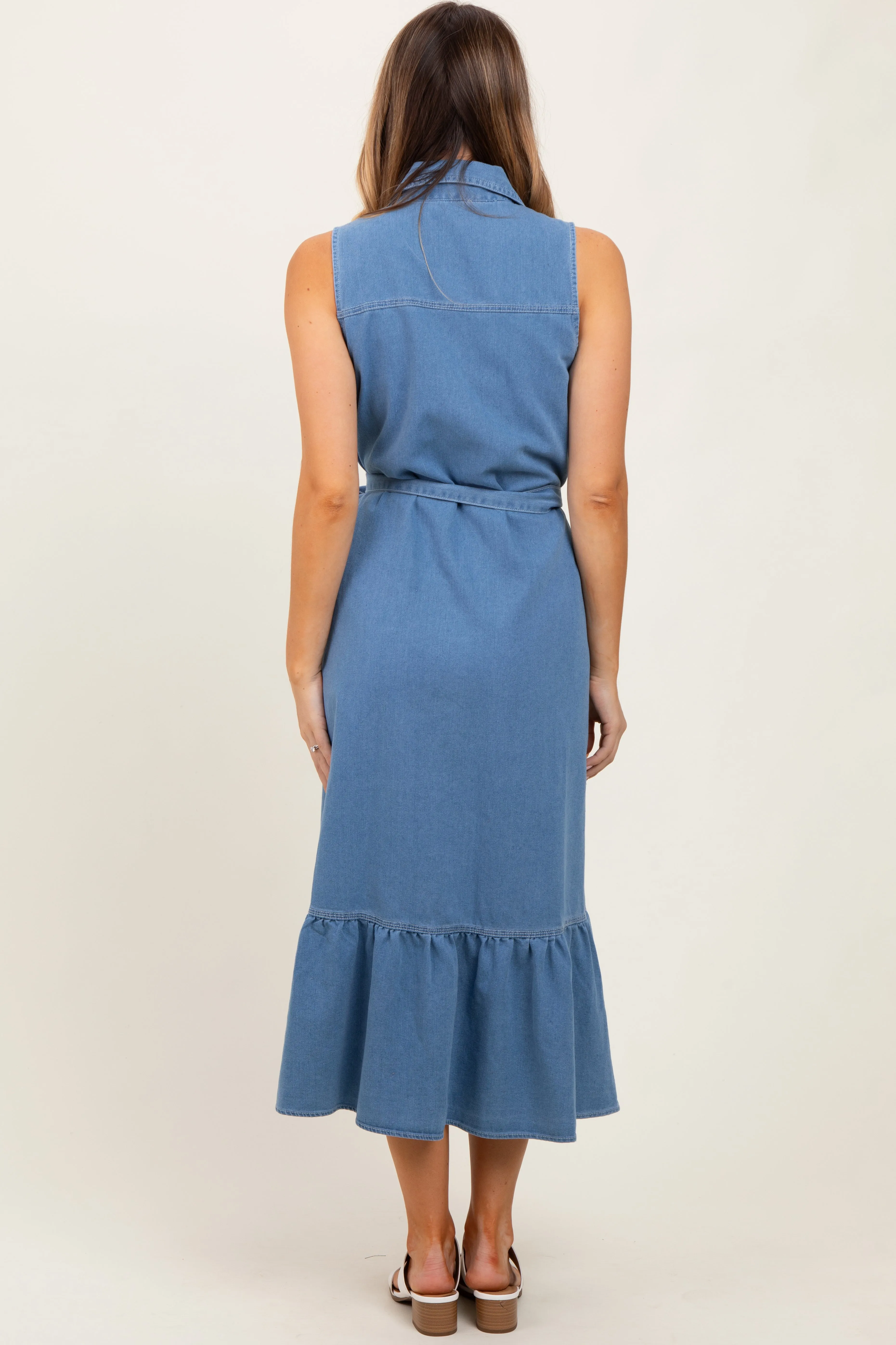 Blue Chambray Sleeveless Sash Tie Shirt Dress sold by Pinkblush product image thumbnail 3