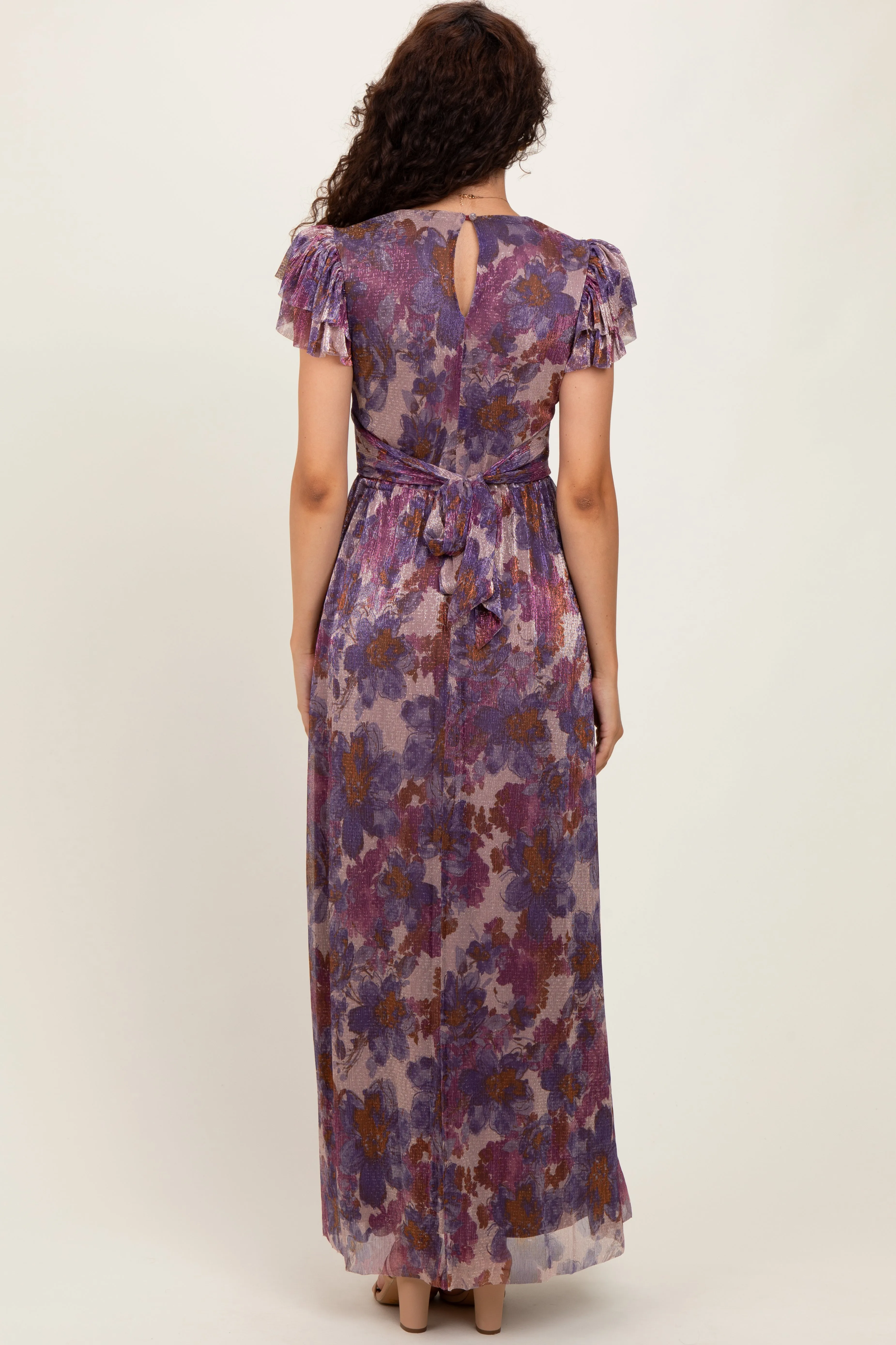 Violet Floral Metallic Flutter Sleeve Maxi Dress sold by Pinkblush product image thumbnail 4