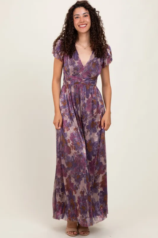 Violet Floral Metallic Flutter Sleeve Maxi Dress sold by Pinkblush