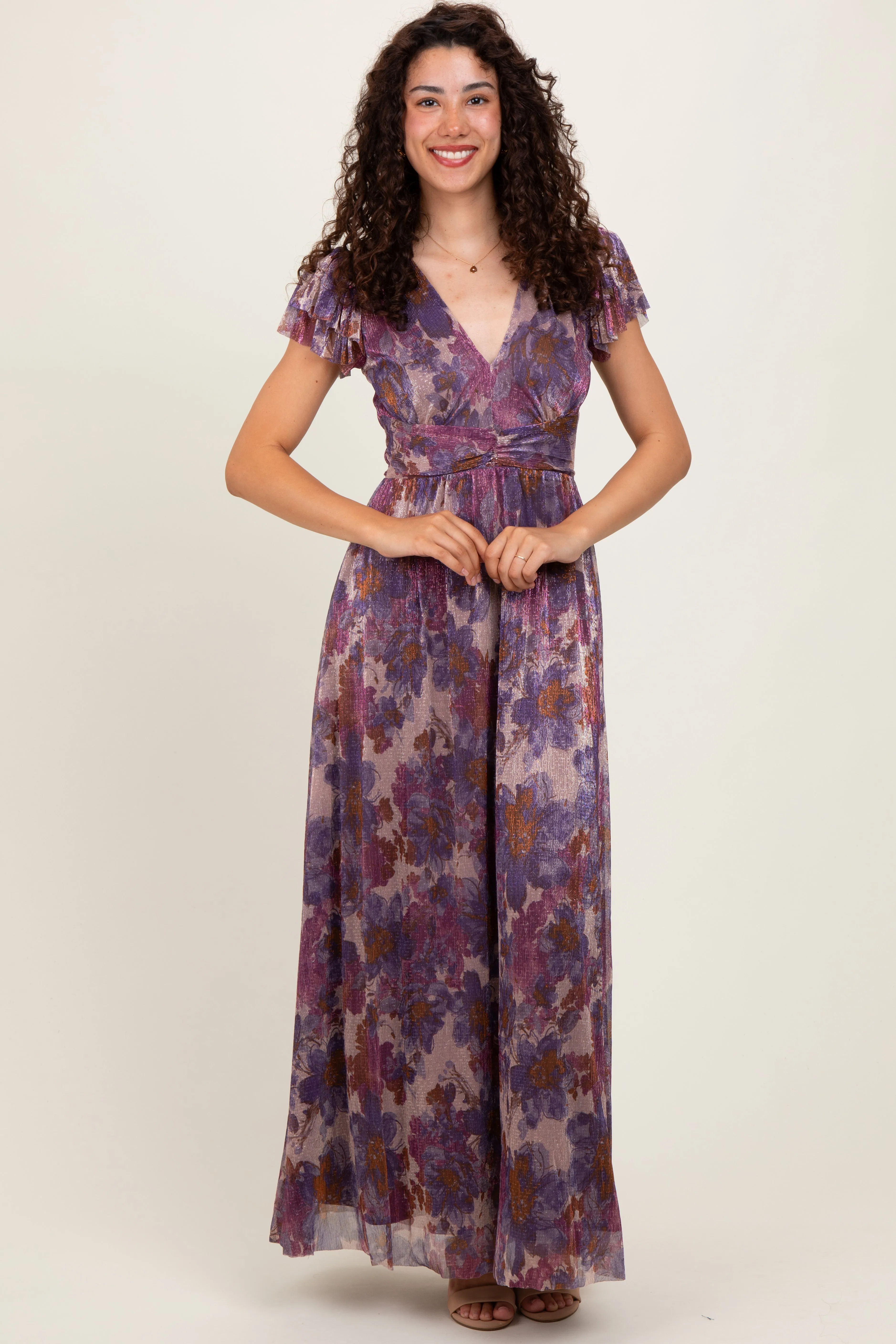 Violet Floral Metallic Flutter Sleeve Maxi Dress sold by Pinkblush product image thumbnail 2