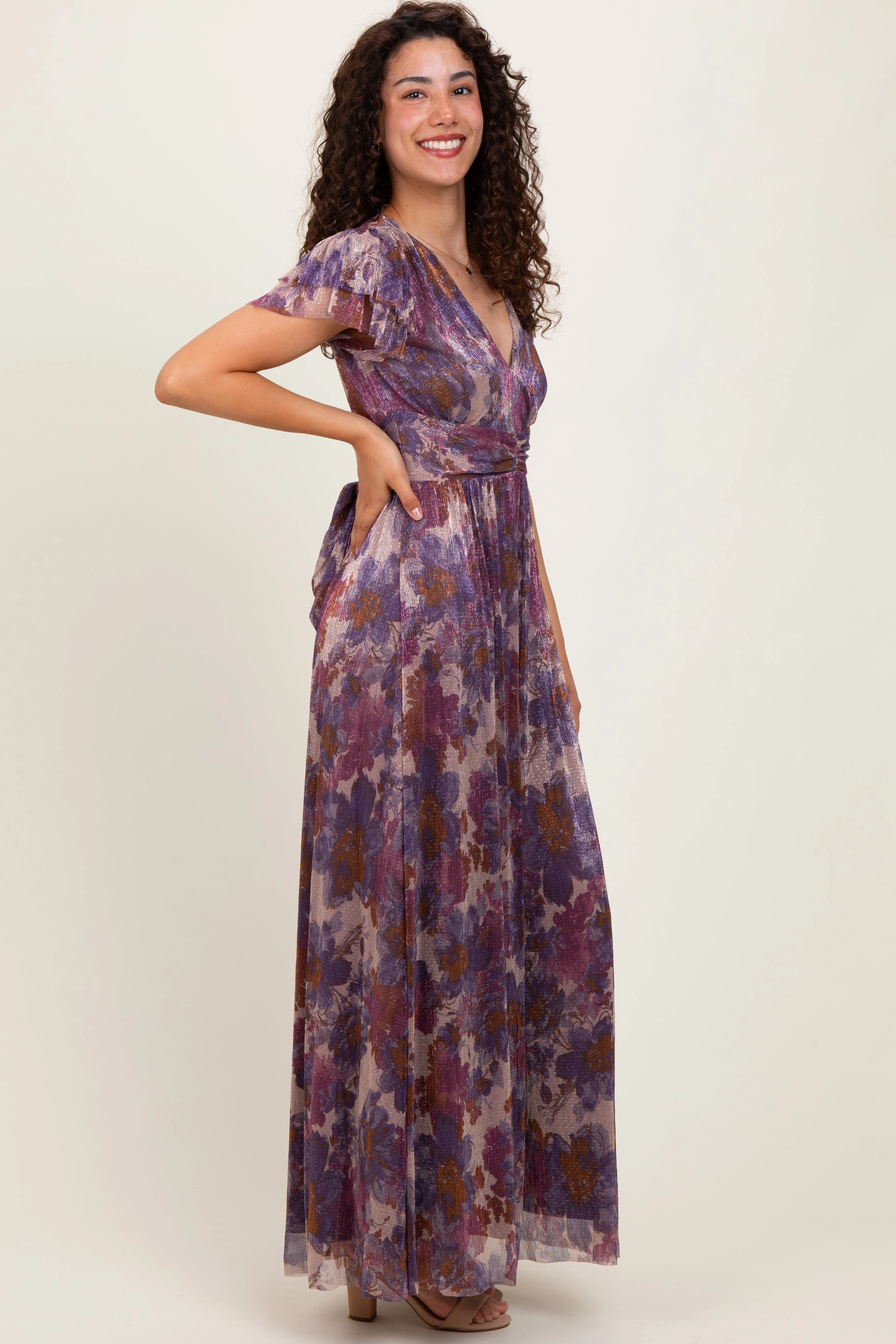 Violet Floral Metallic Flutter Sleeve Maxi Dress sold by Pinkblush product image thumbnail 3