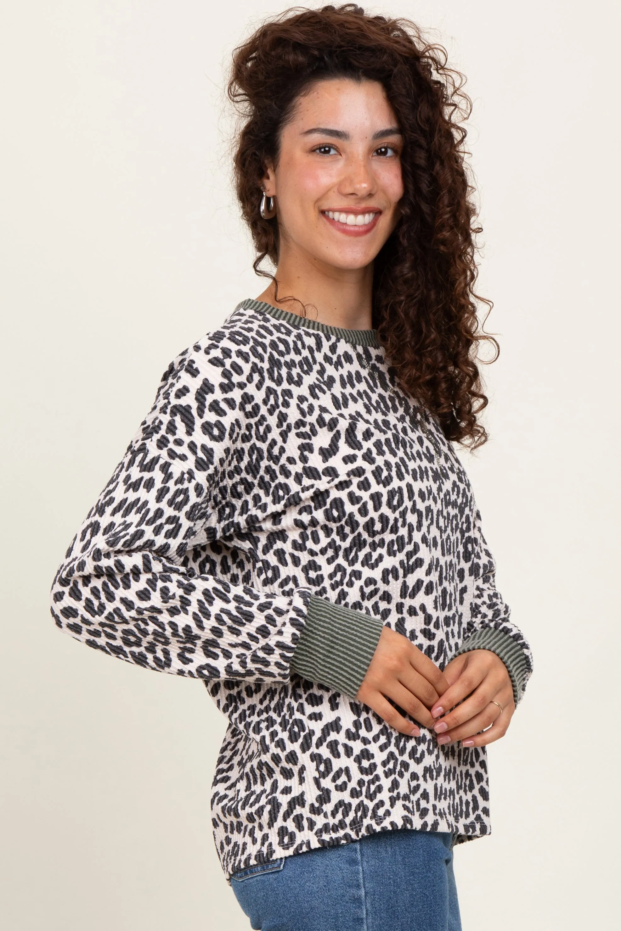 Cream Ribbed Animal Print Contrast Trim Pullover sold by Pinkblush product image thumbnail 2