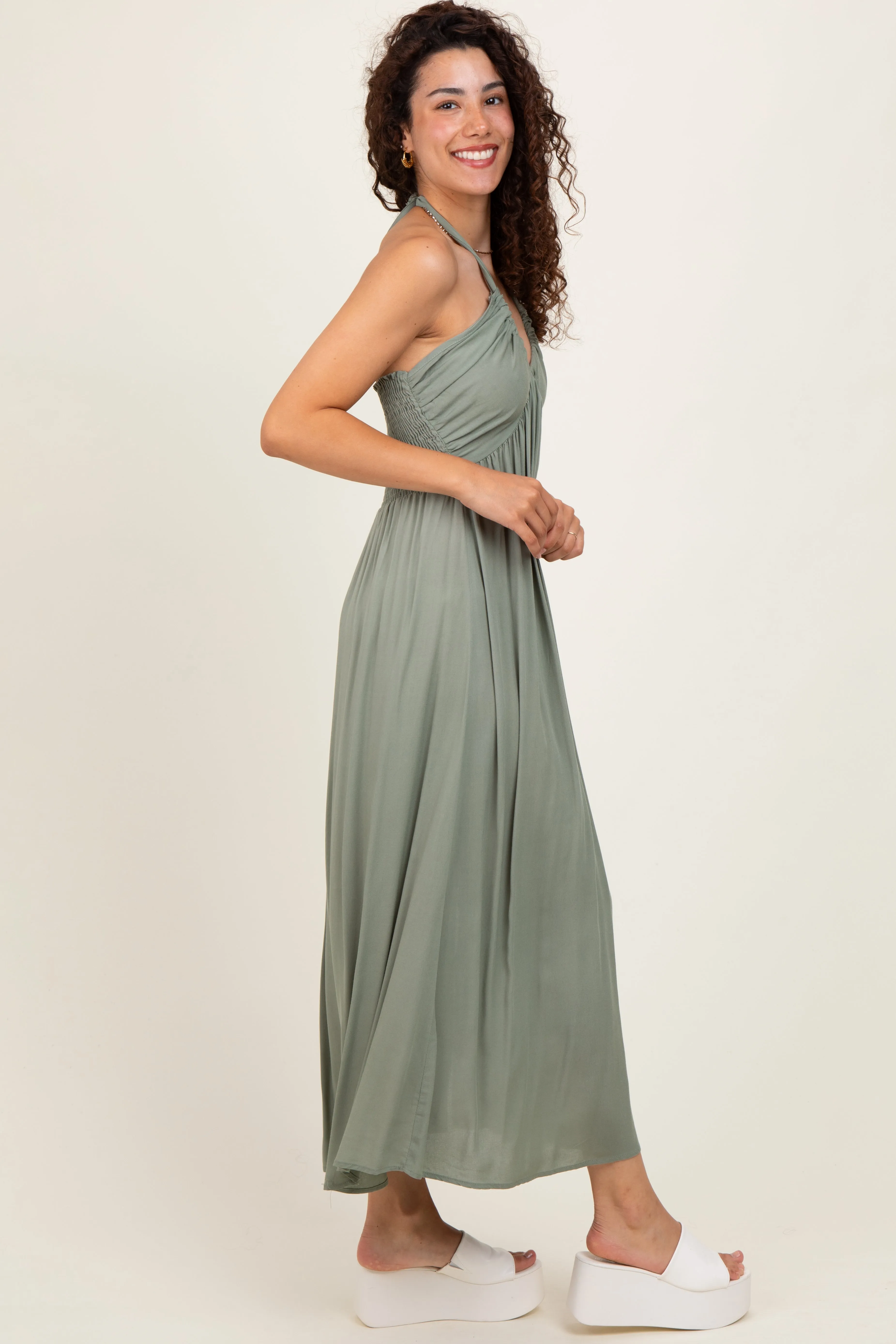 Light Olive Halter Neck Side Slit Midi Dress sold by Pinkblush product image thumbnail 2