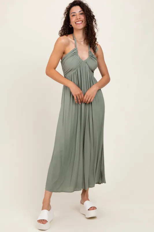 Light Olive Halter Neck Side Slit Midi Dress sold by Pinkblush