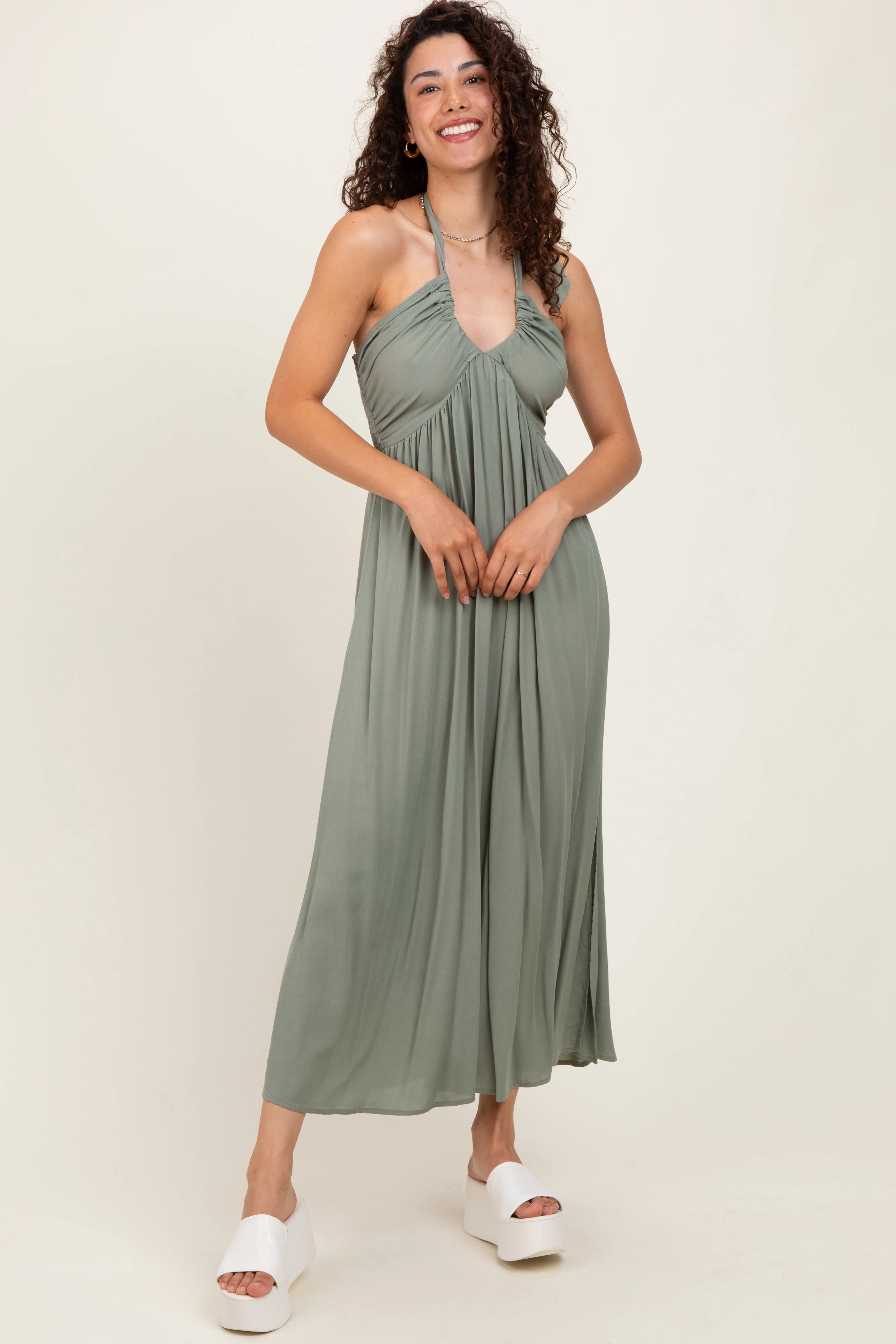 Light Olive Halter Neck Side Slit Midi Dress sold by Pinkblush