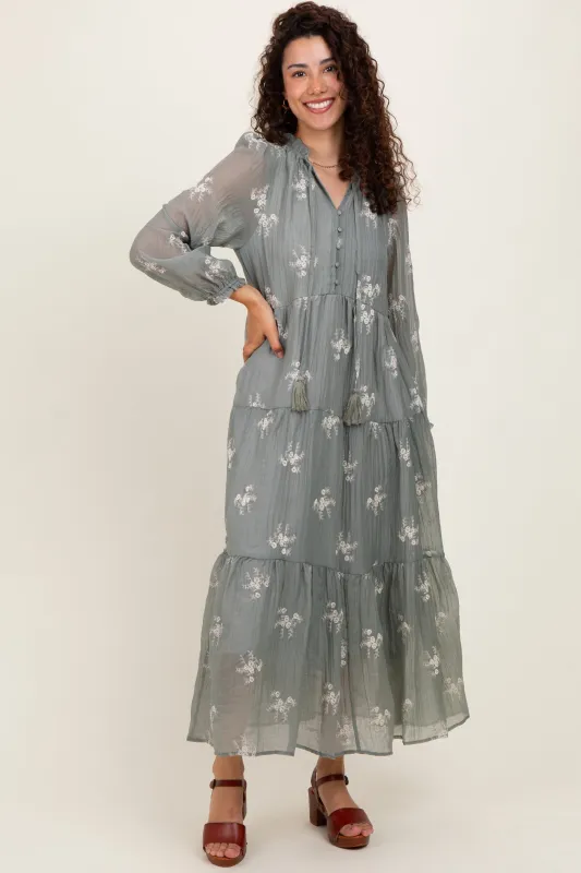 Gray Embroidered Tassel Tie Tiered Midi Dress sold by Pinkblush