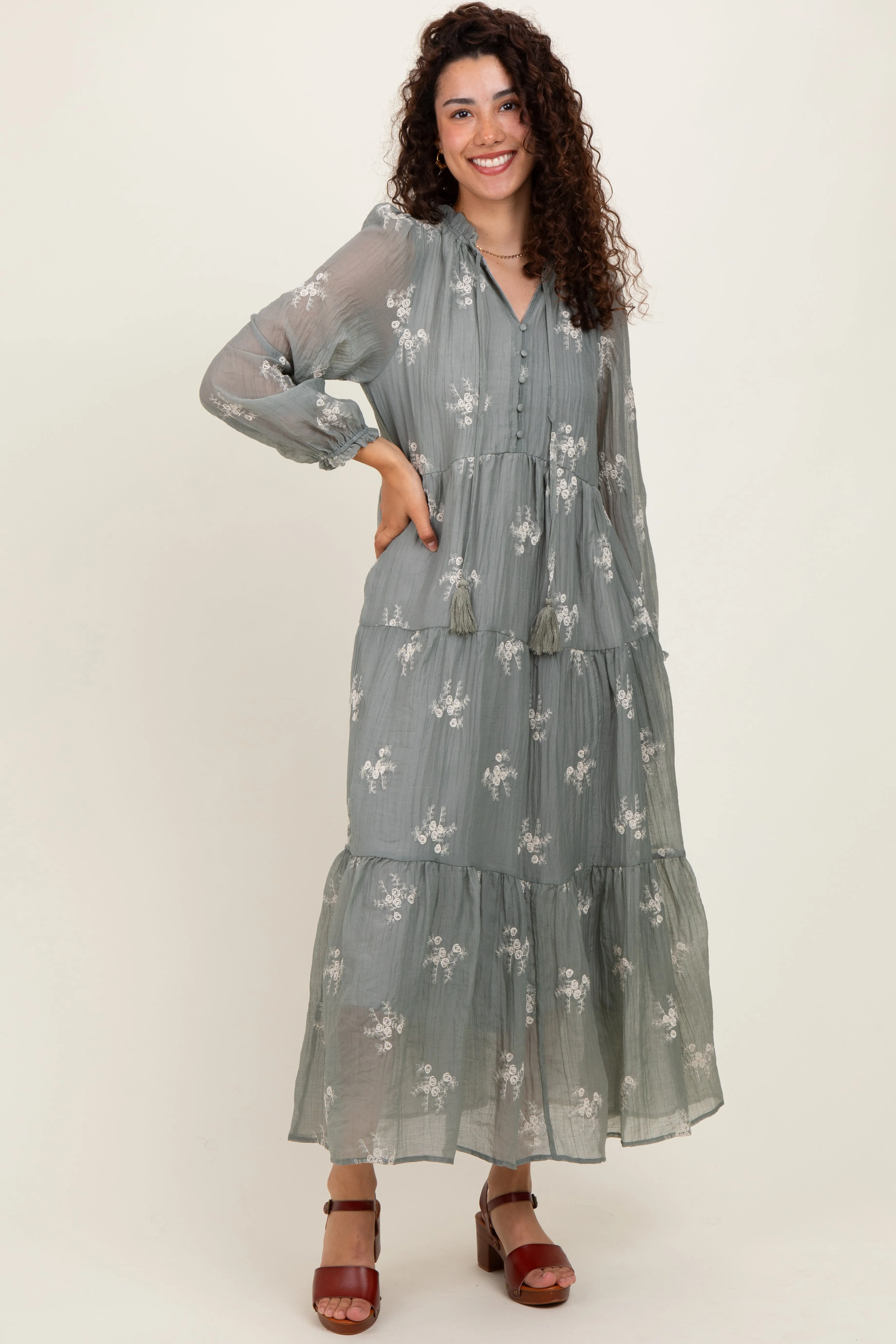 Gray Embroidered Tassel Tie Tiered Midi Dress sold by Pinkblush