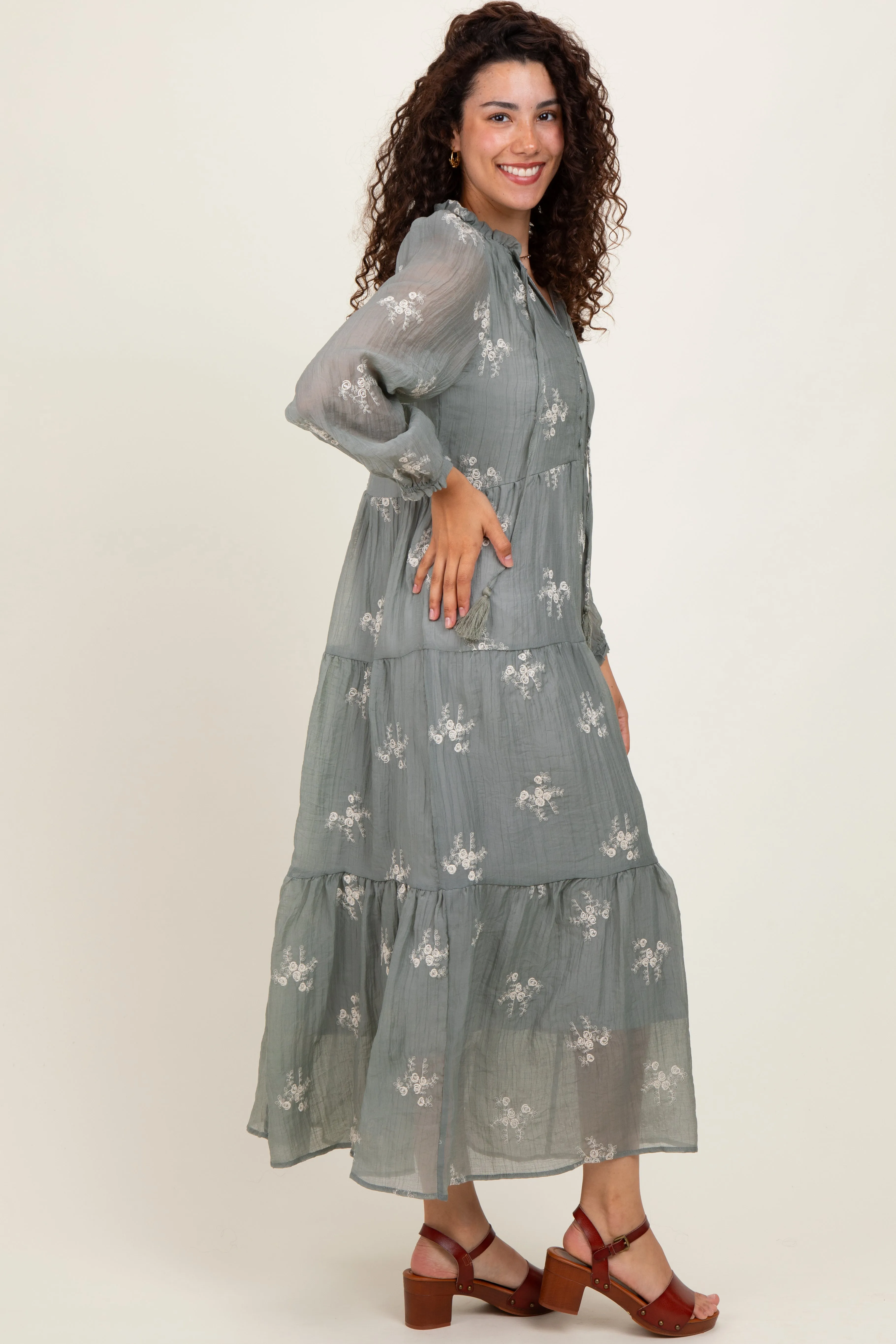 Gray Embroidered Tassel Tie Tiered Midi Dress sold by Pinkblush product image thumbnail 2