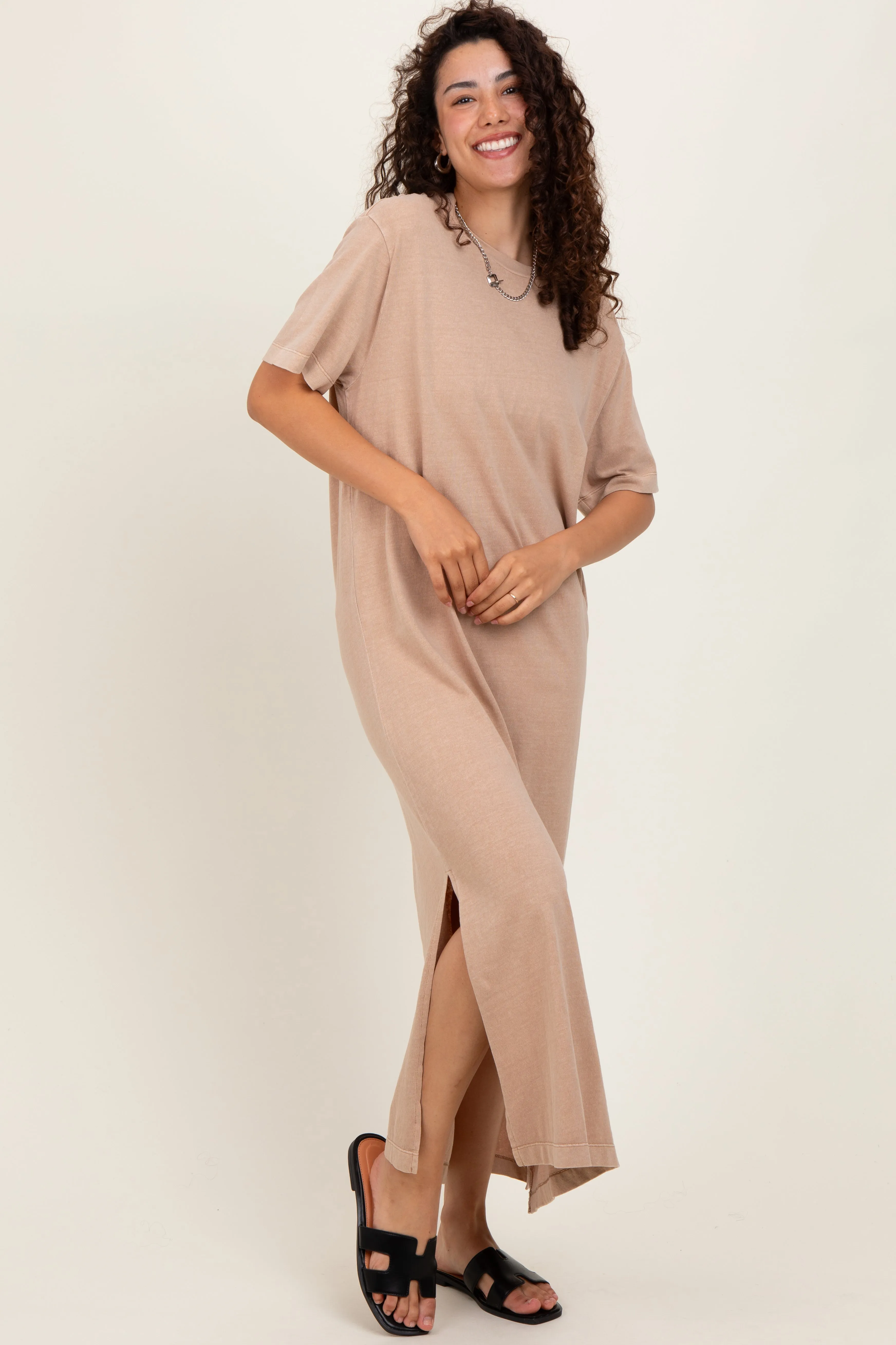 Taupe Short Sleeve Knit T-Shirt Maxi Dress sold by Pinkblush product image thumbnail 2