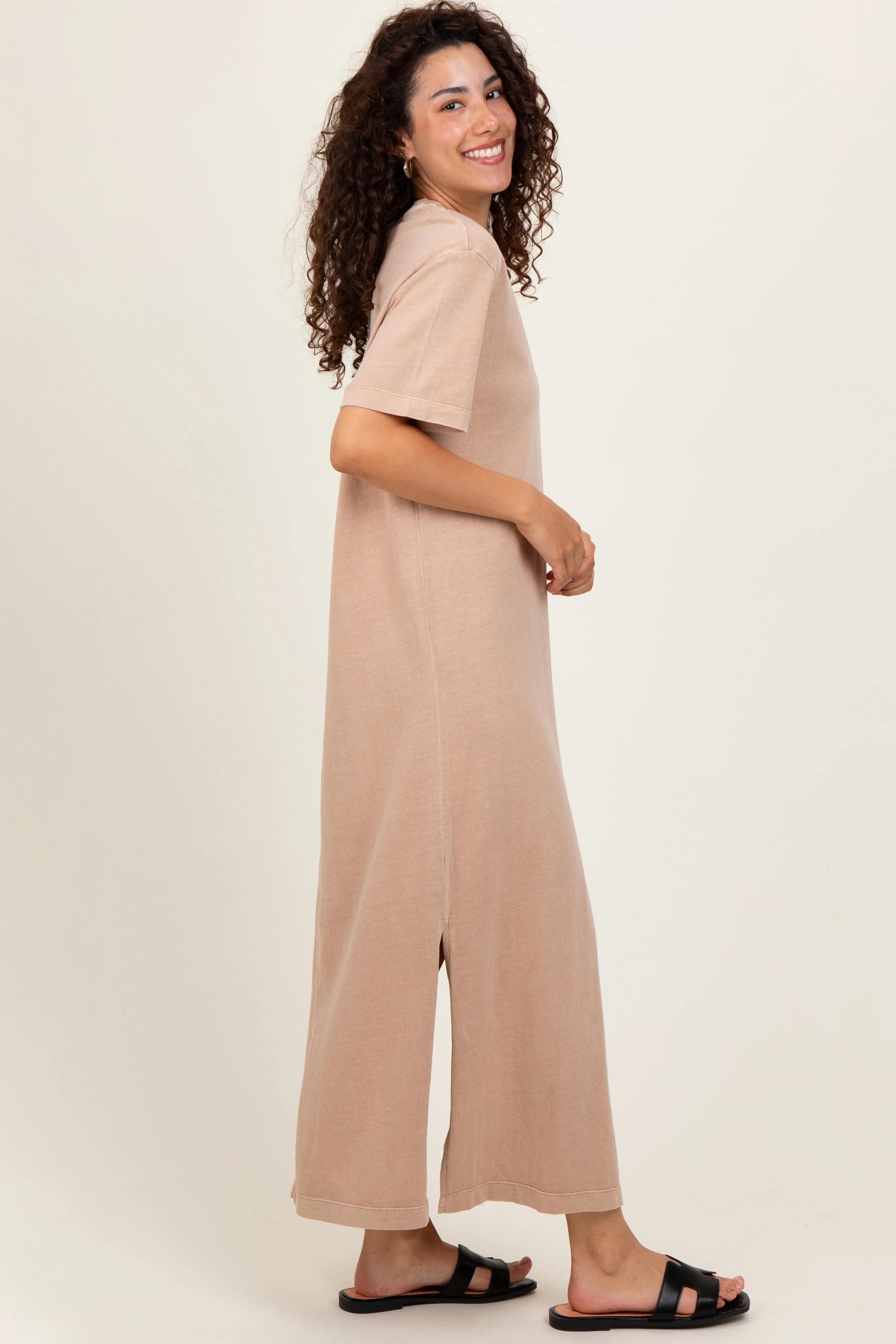 Taupe Short Sleeve Knit T-Shirt Maxi Dress sold by Pinkblush product image thumbnail 3