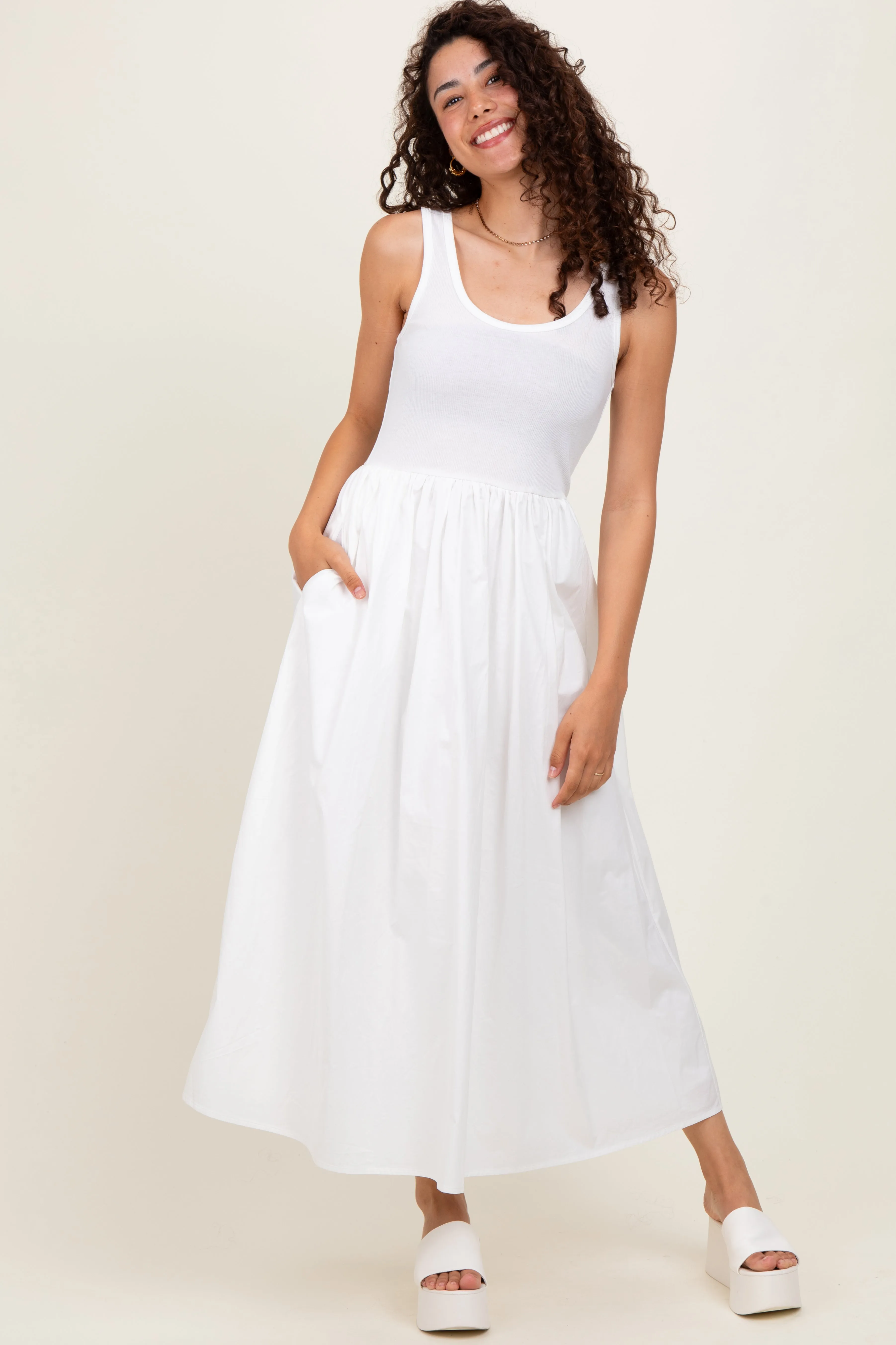 White Scoop Neck Contrast Skirt Maxi Dress sold by Pinkblush