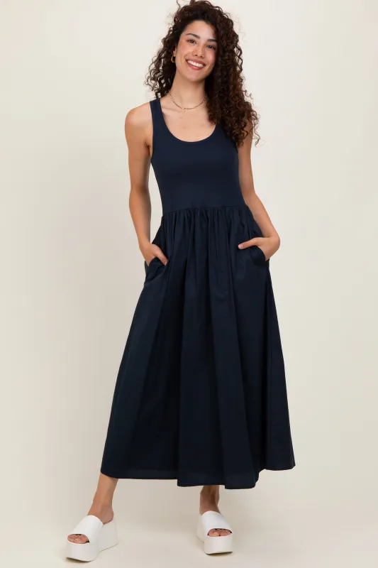 Navy Scoop Neck Contrast Skirt Maxi Dress sold by Pinkblush
