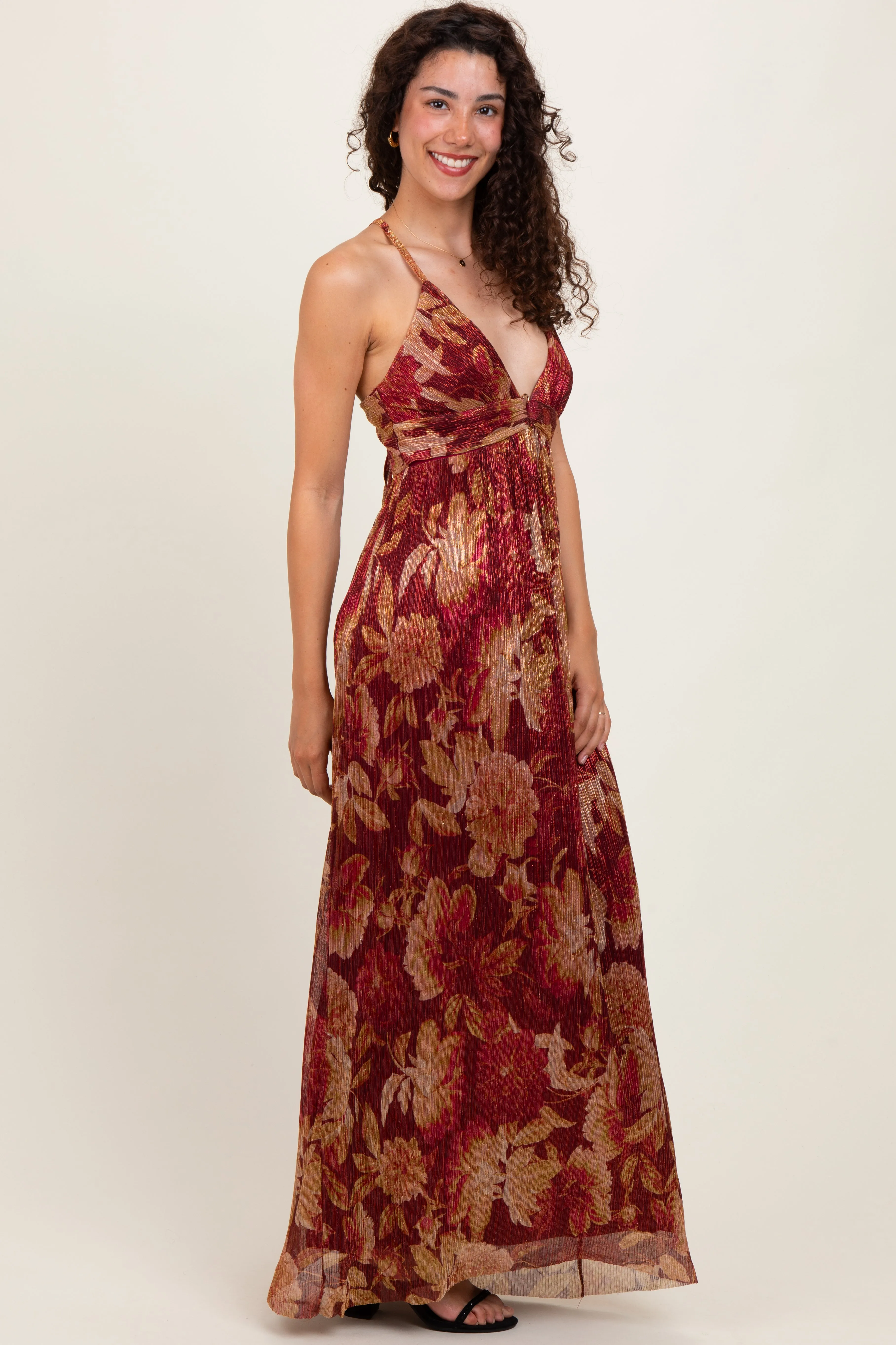 Burgundy Floral Deep V-Neck Back Cutout Maxi Dress sold by Pinkblush product image thumbnail 3