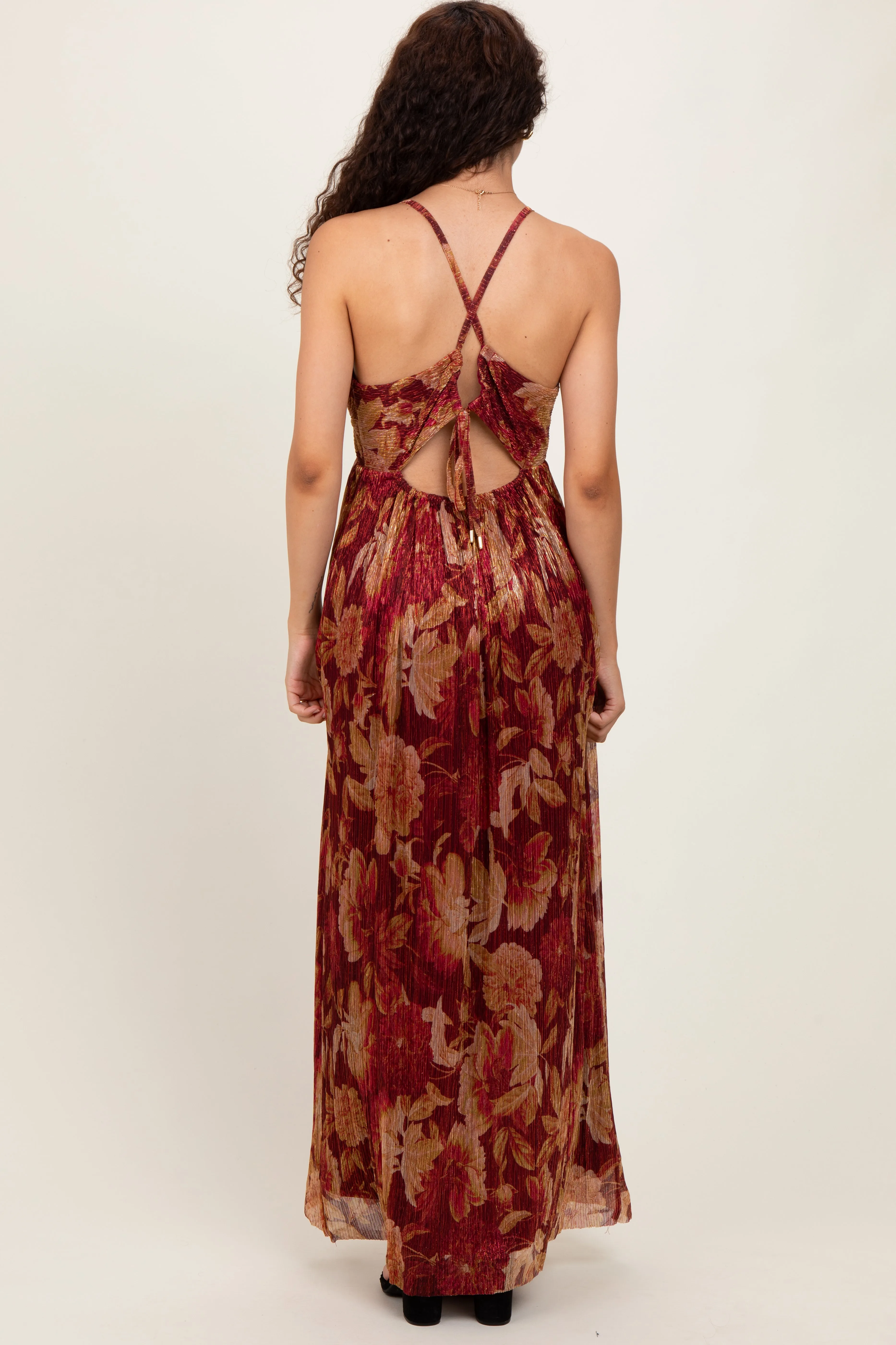 Burgundy Floral Deep V-Neck Back Cutout Maxi Dress sold by Pinkblush product image thumbnail 4