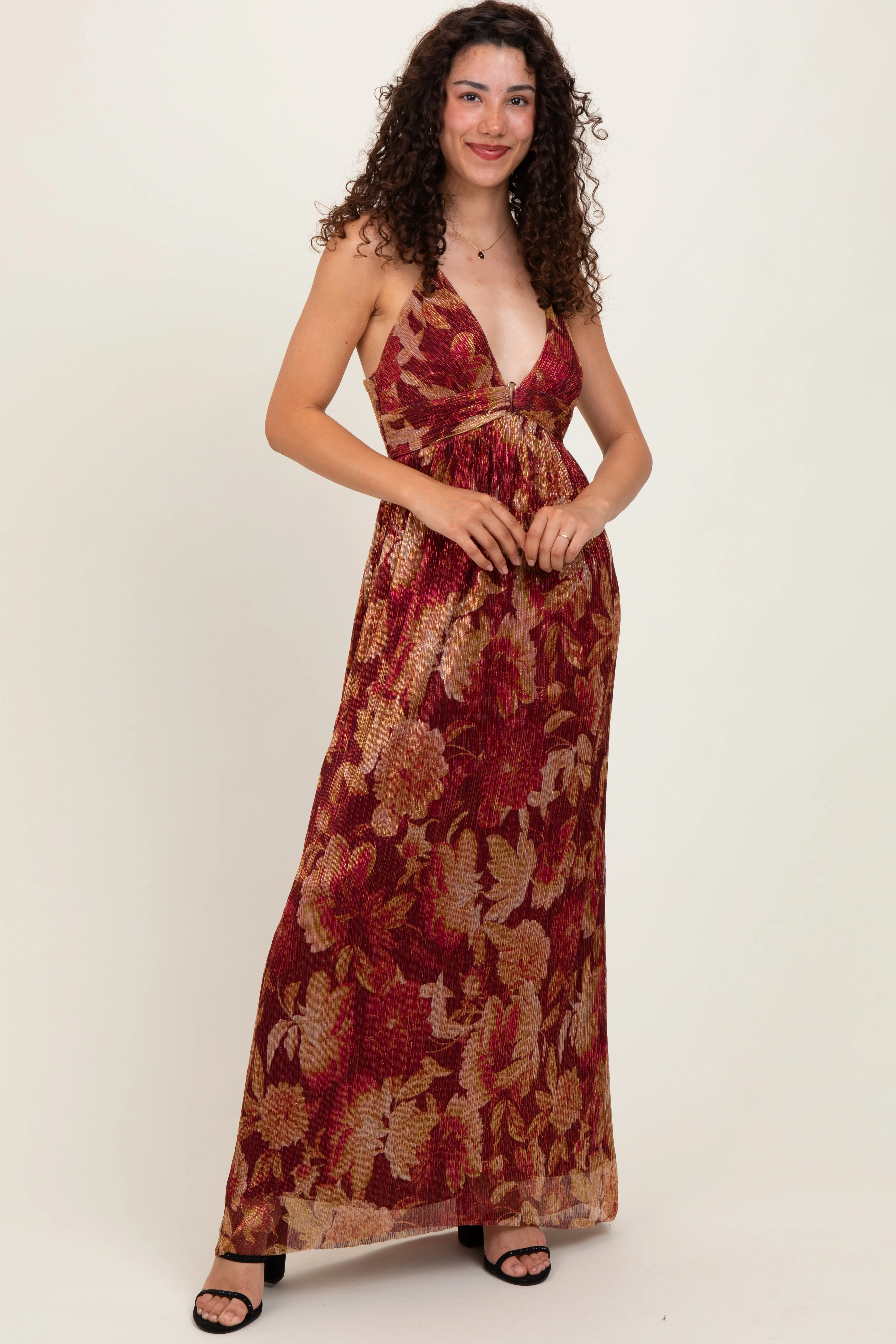 Burgundy Floral Deep V-Neck Back Cutout Maxi Dress sold by Pinkblush
