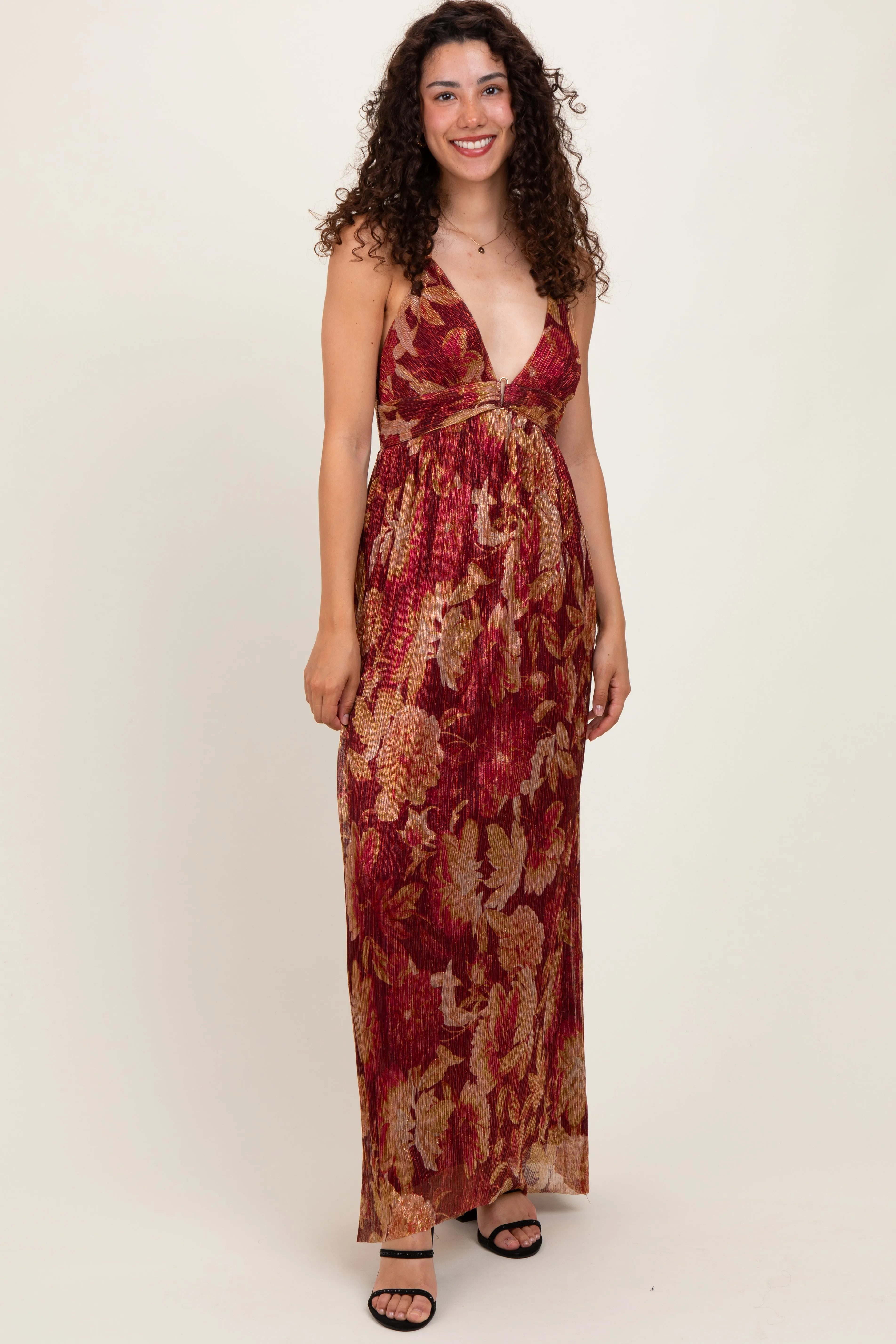 Burgundy Floral Deep V-Neck Back Cutout Maxi Dress sold by Pinkblush product image thumbnail 2
