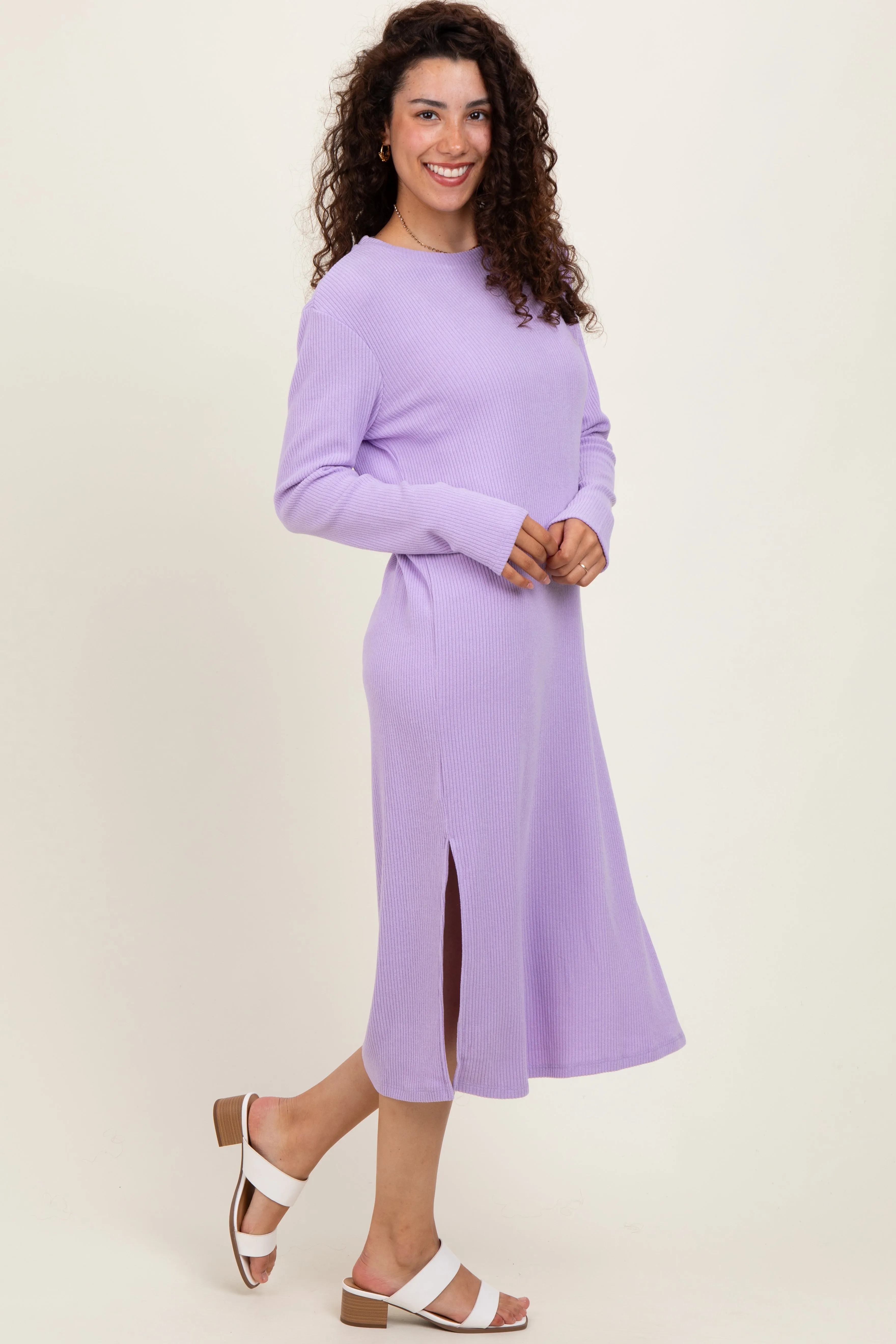 Lavender Ribbed Knit Long Sleeve Side Slit Midi Dress sold by Pinkblush product image thumbnail 2