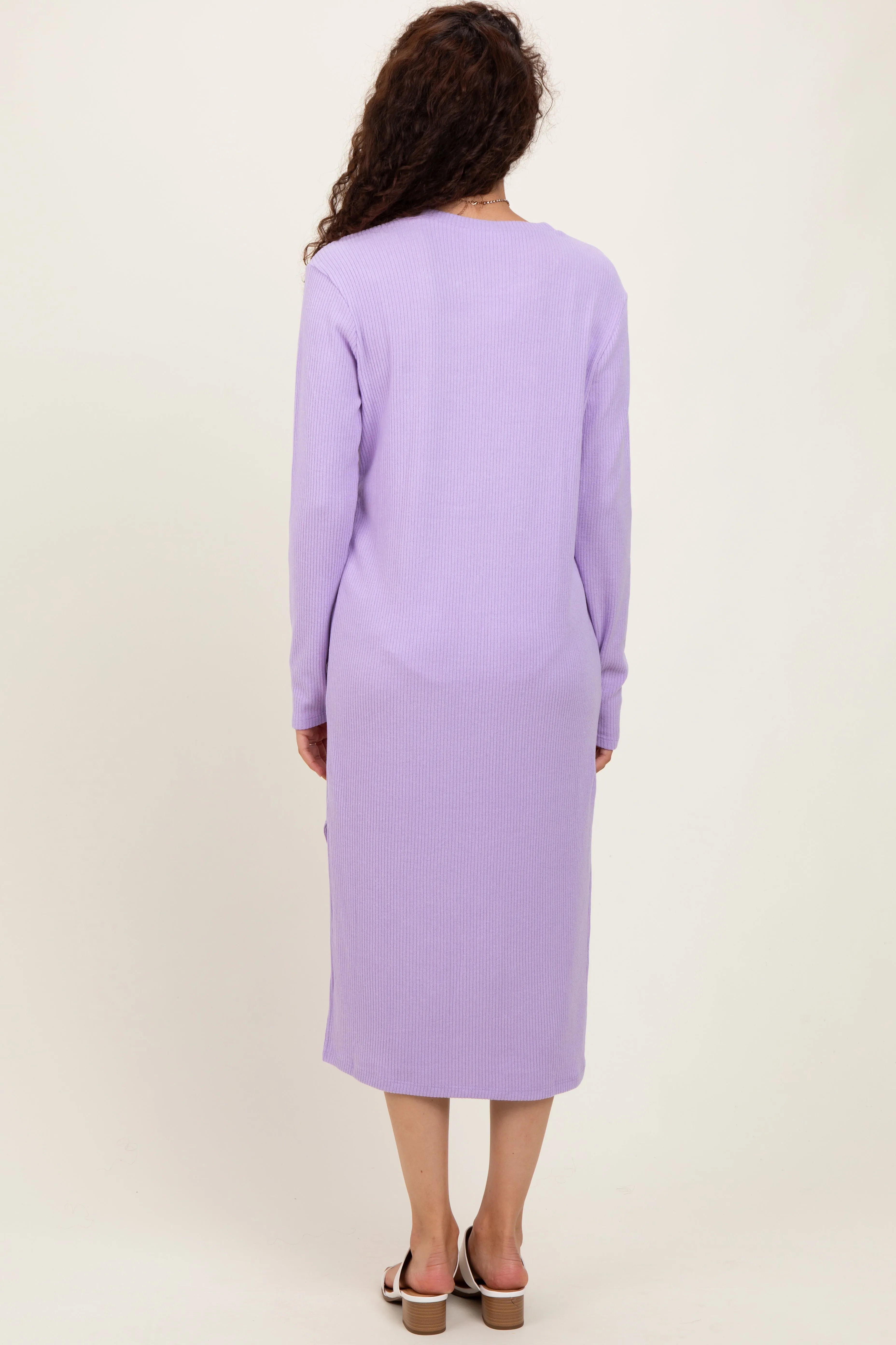 Lavender Ribbed Knit Long Sleeve Side Slit Midi Dress sold by Pinkblush product image thumbnail 3