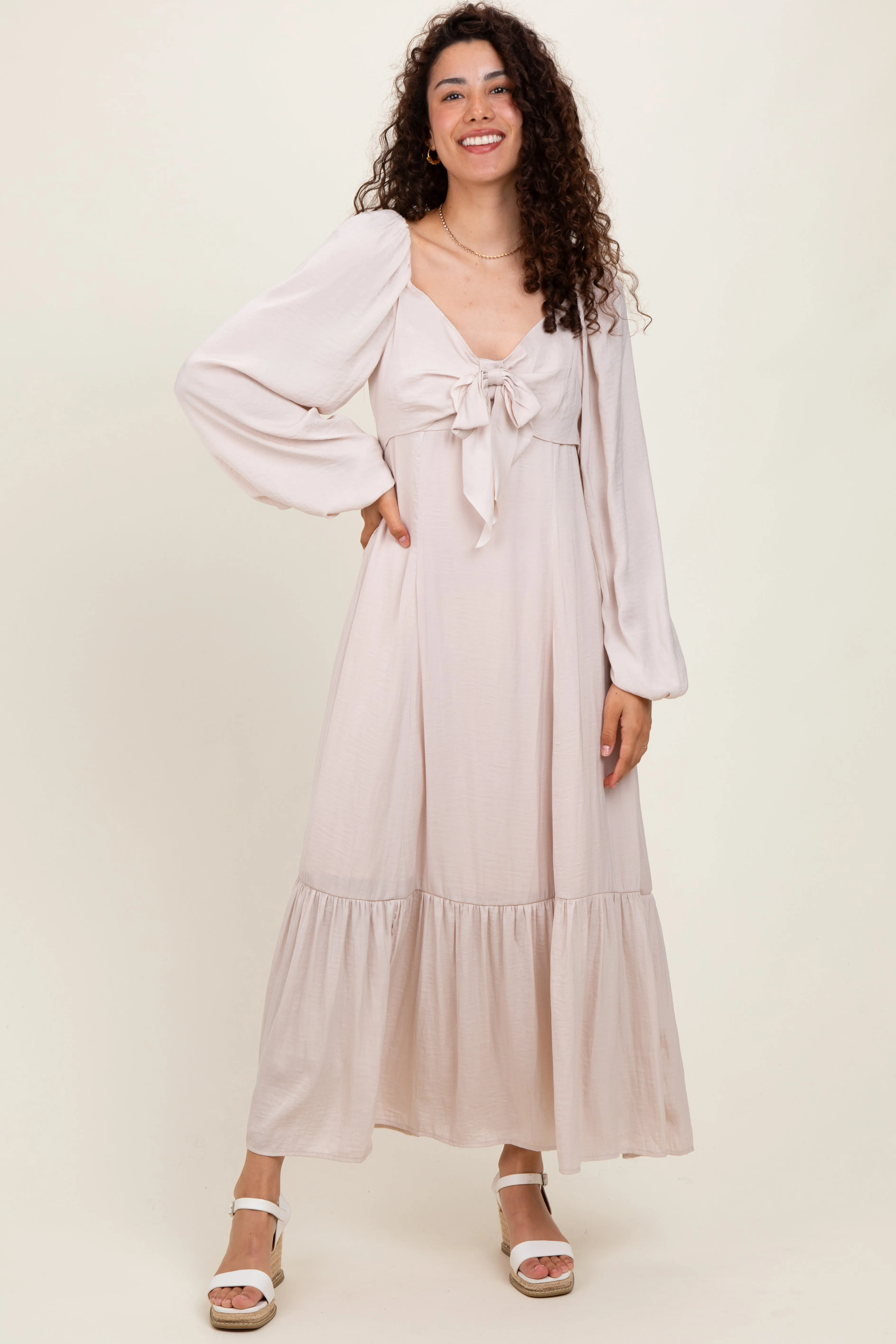 Beige Bow Satin Maxi Dress sold by Pinkblush