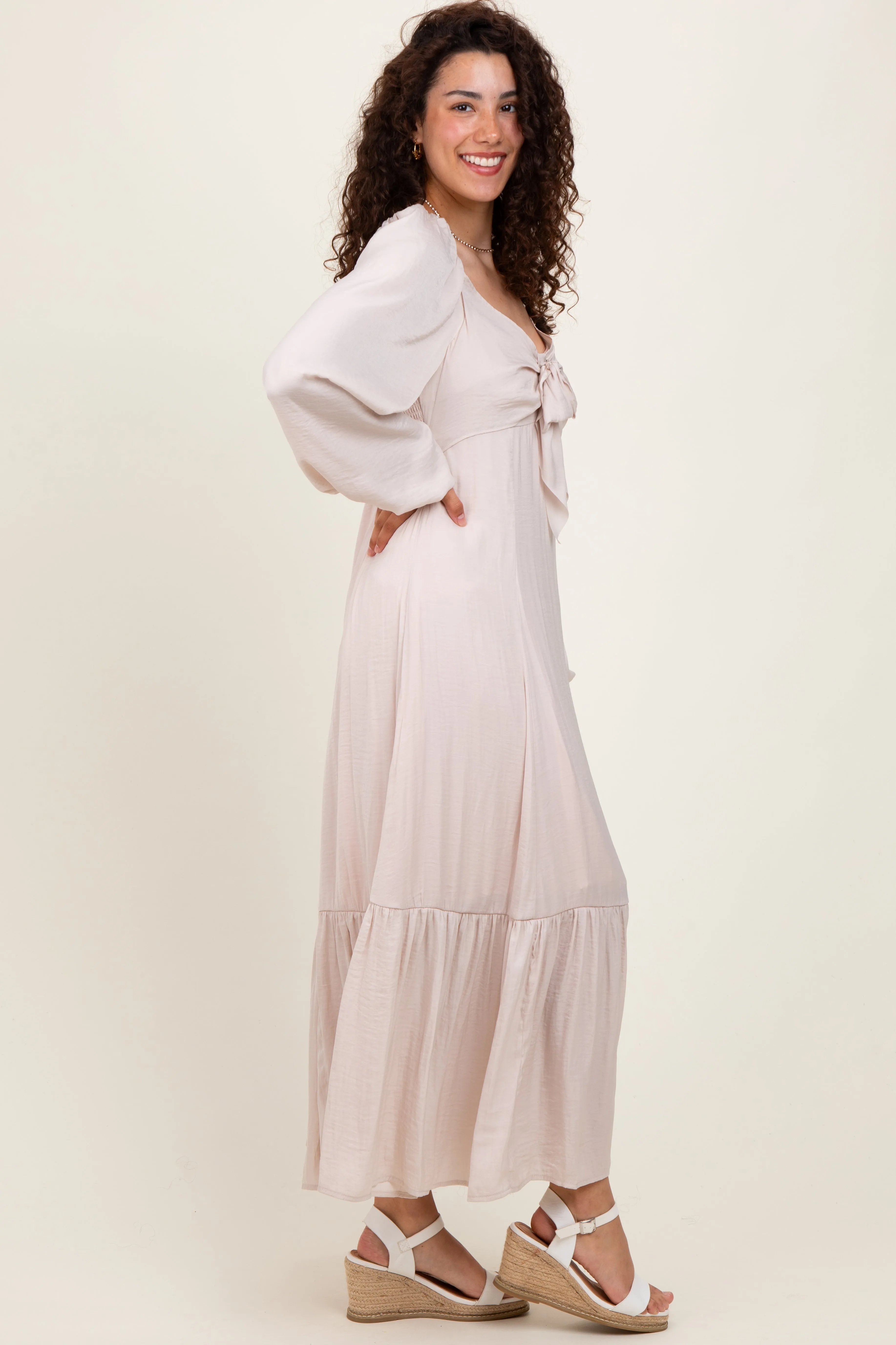 Beige Bow Satin Maxi Dress sold by Pinkblush product image thumbnail 2