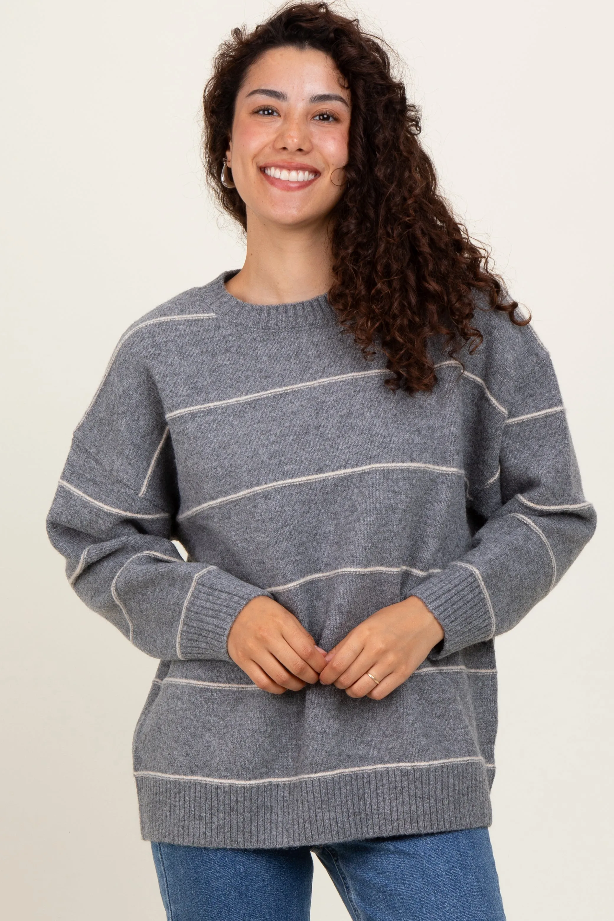 Heather Grey Striped Drop Shoulder Sweater sold by Pinkblush product image thumbnail 2