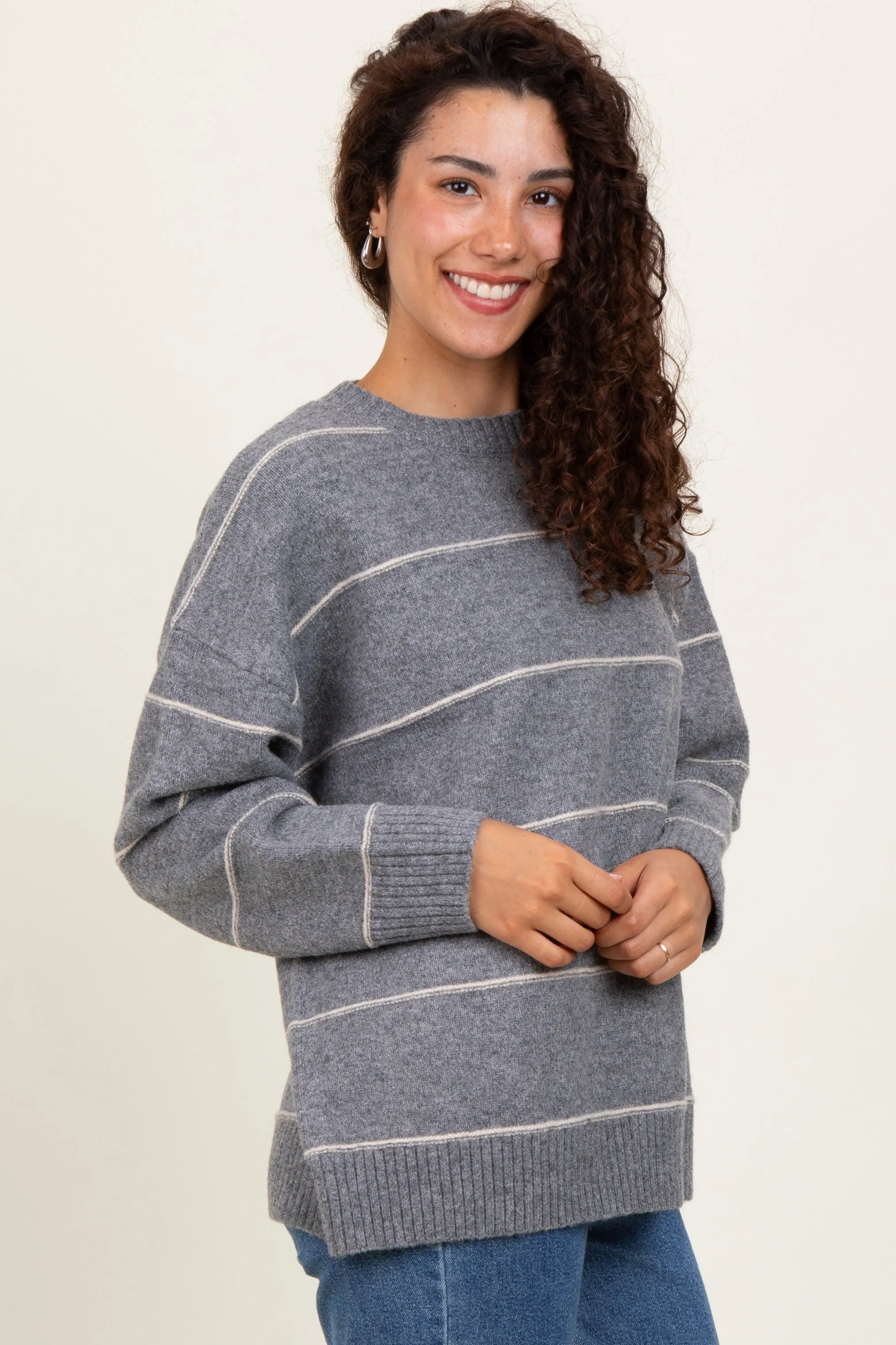 Heather Grey Striped Drop Shoulder Sweater sold by Pinkblush product image thumbnail 3