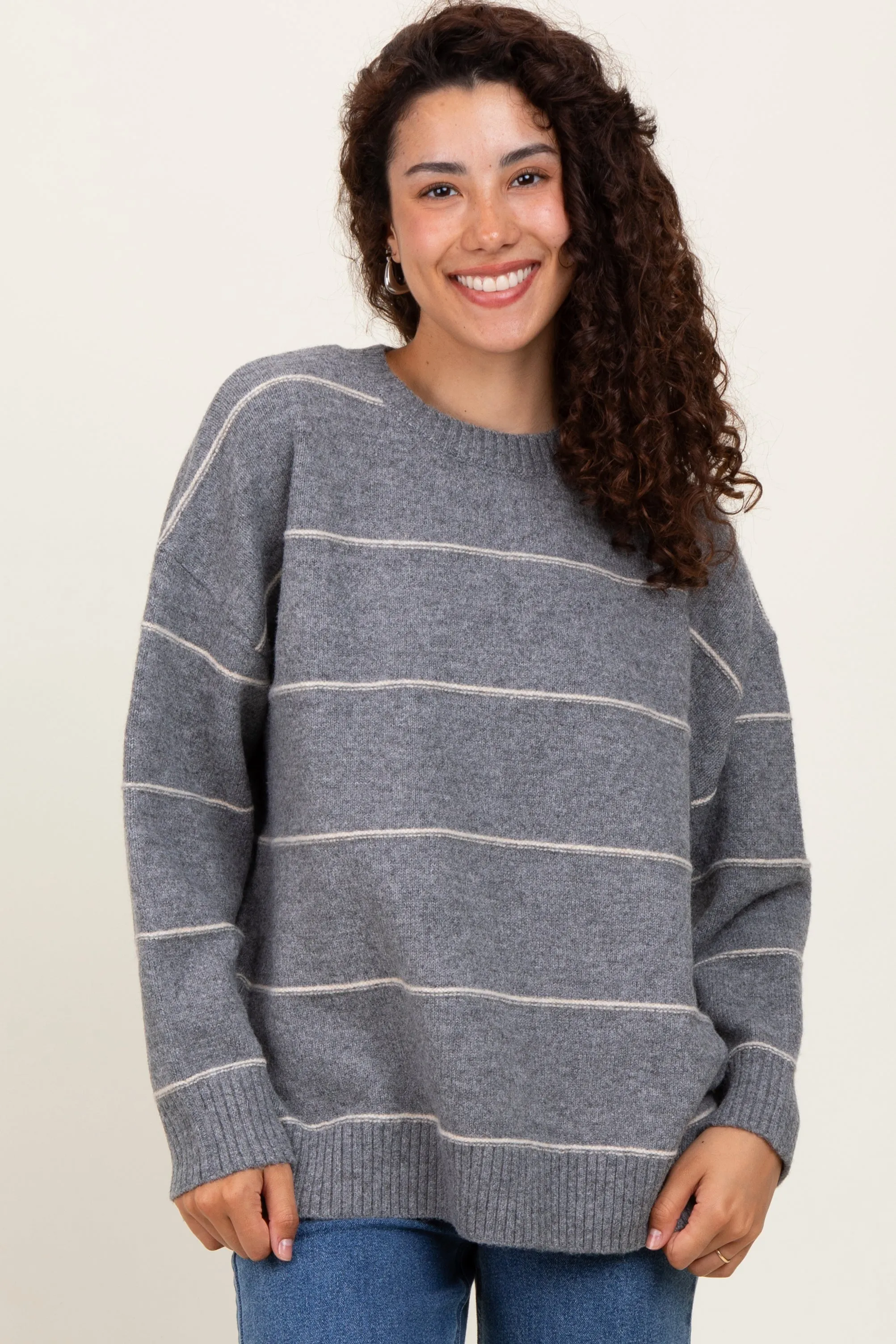 Heather Grey Striped Drop Shoulder Sweater sold by Pinkblush