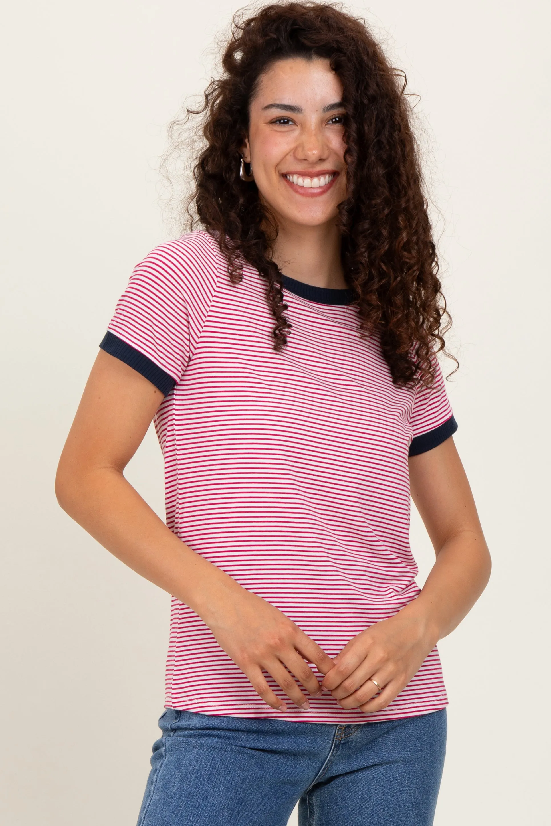 Navy Pinstripe Contrast Trim Tee sold by Pinkblush