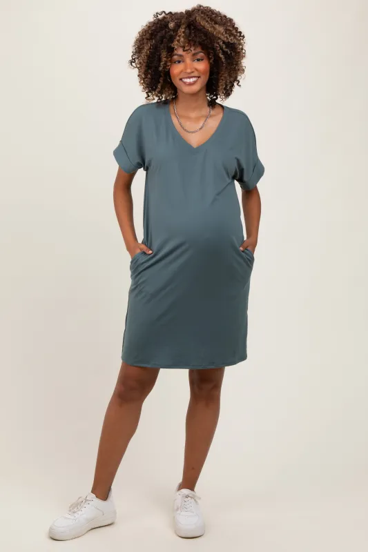 Jade Brushed Rolled Short Sleeve V-Neck Maternity Dress sold by Pinkblush