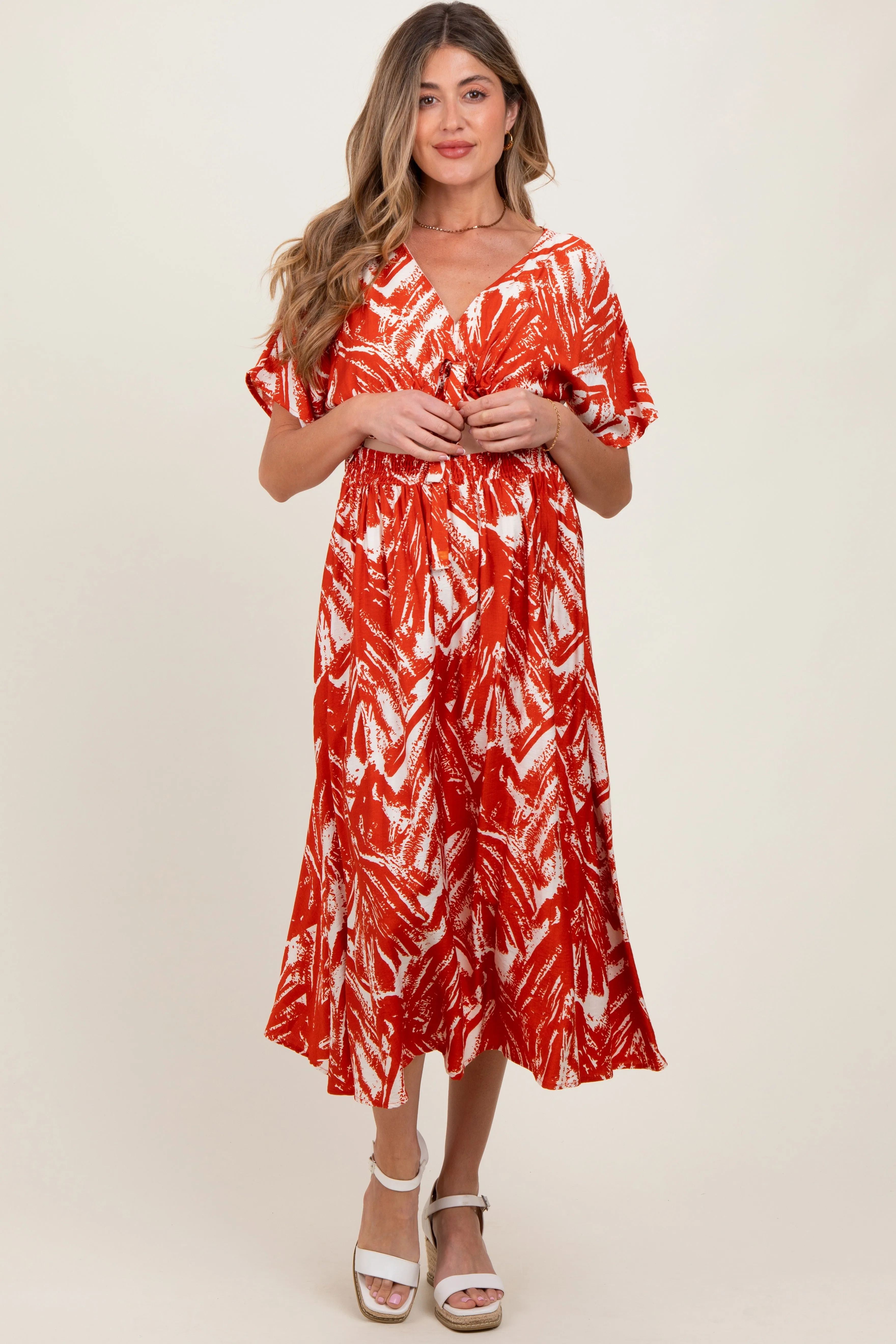 Red Brushstroke Print Cutout Maternity Midi Dress sold by Pinkblush