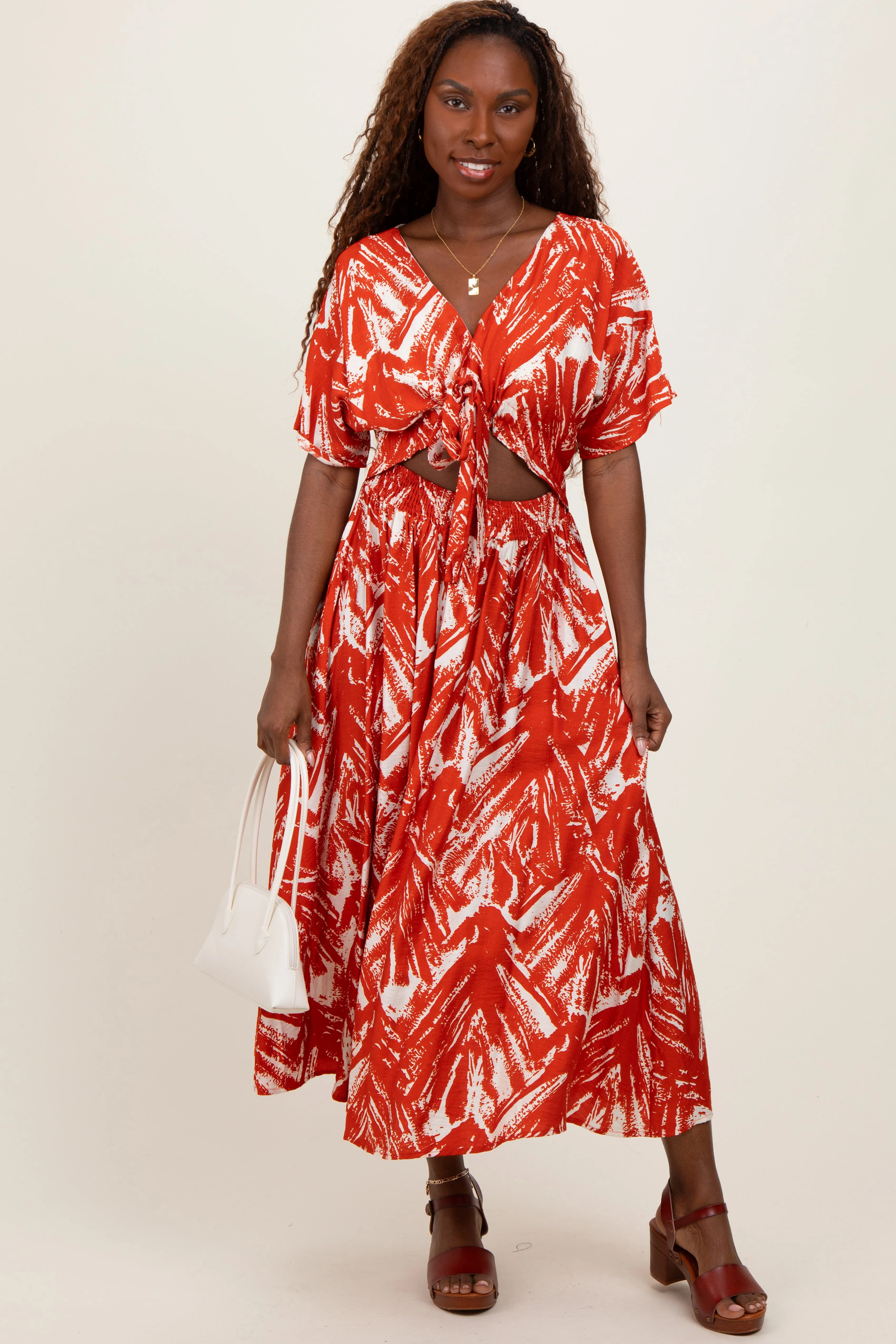 Red Brushstroke Print Cutout Maternity Midi Dress sold by Pinkblush product image thumbnail 3