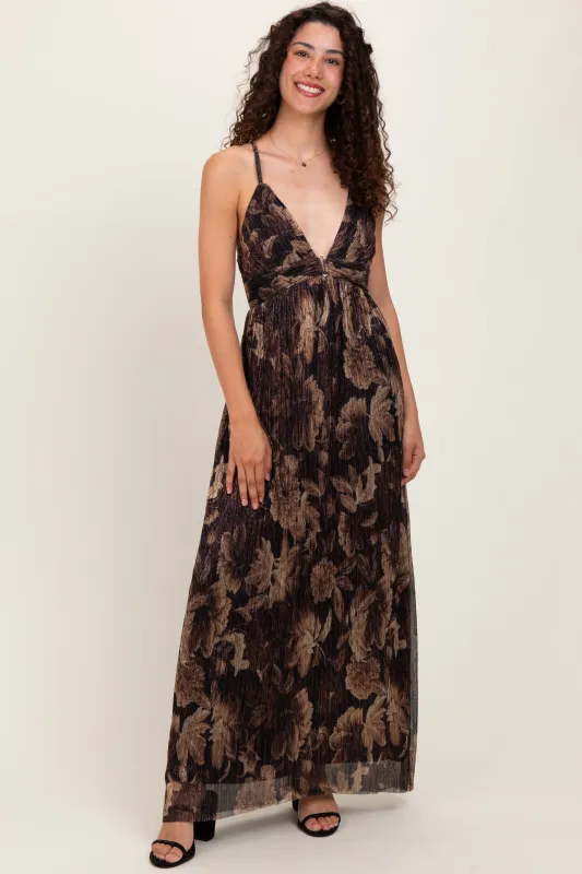 Dark Brown Floral Deep V-Neck Back Cutout Maxi Dress sold by Pinkblush
