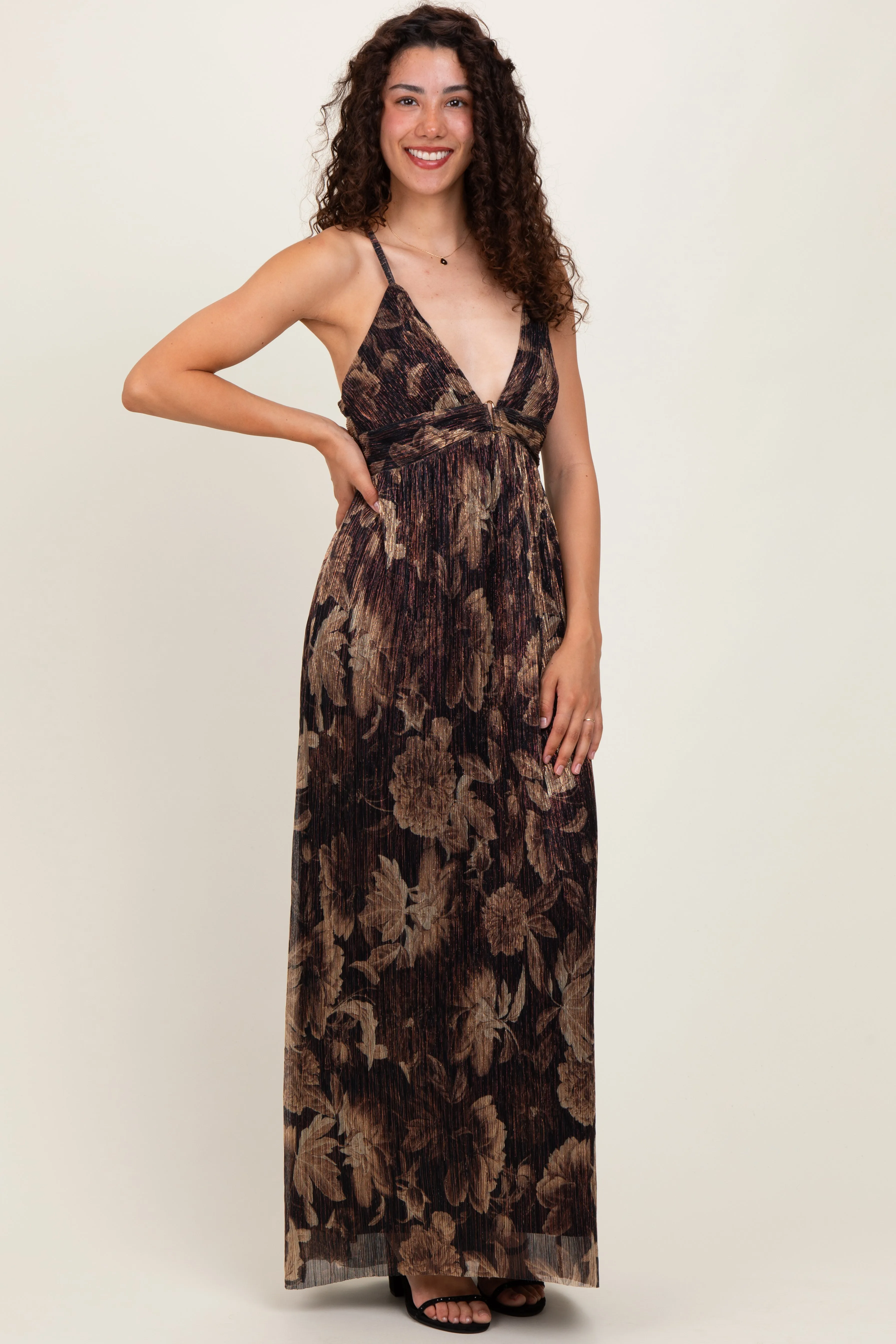 Dark Brown Floral Deep V-Neck Back Cutout Maxi Dress sold by Pinkblush product image thumbnail 2