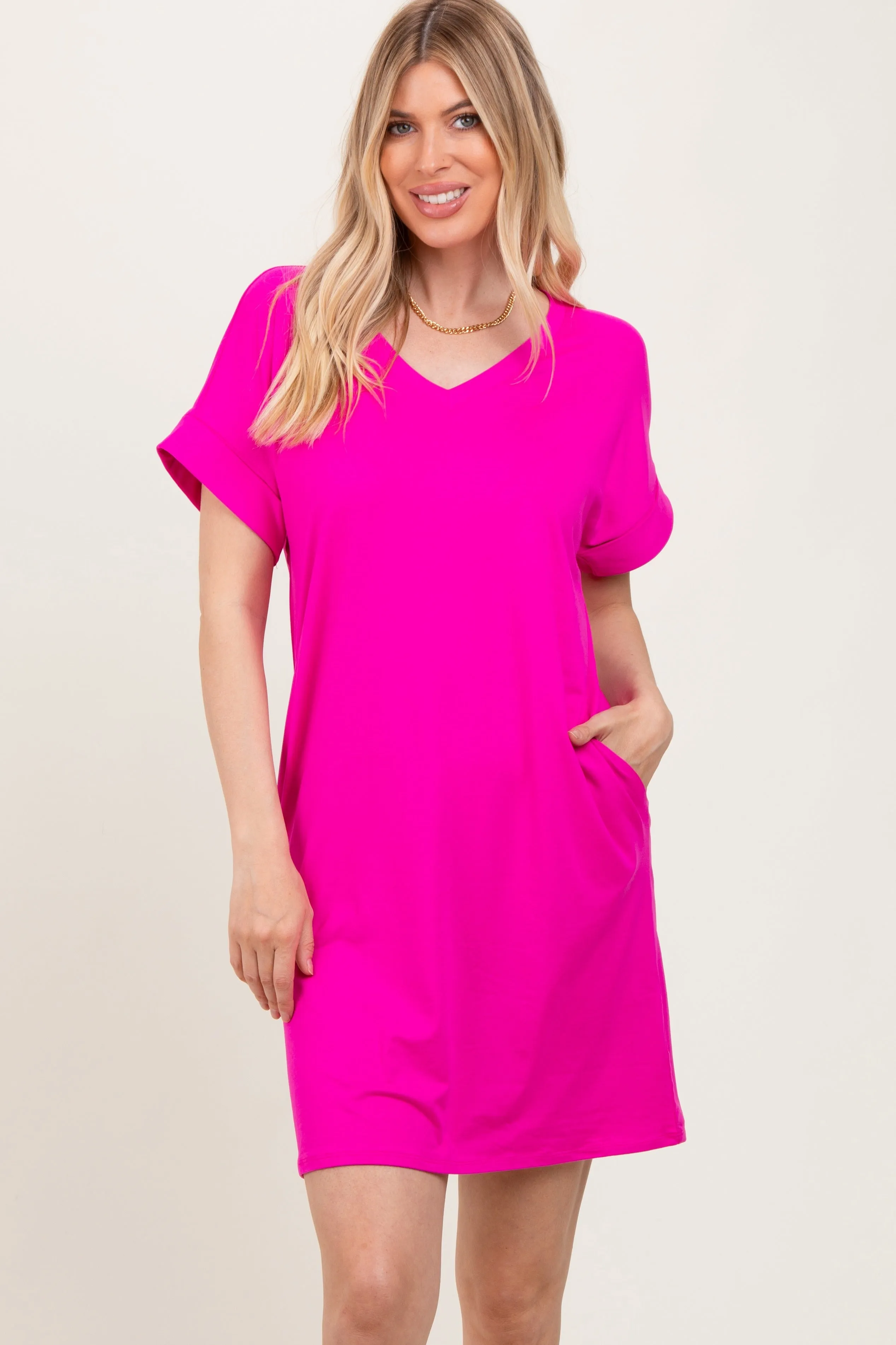 Fuchsia Brushed Rolled Short Sleeve V-Neck Maternity Dress sold by Pinkblush product image thumbnail 4