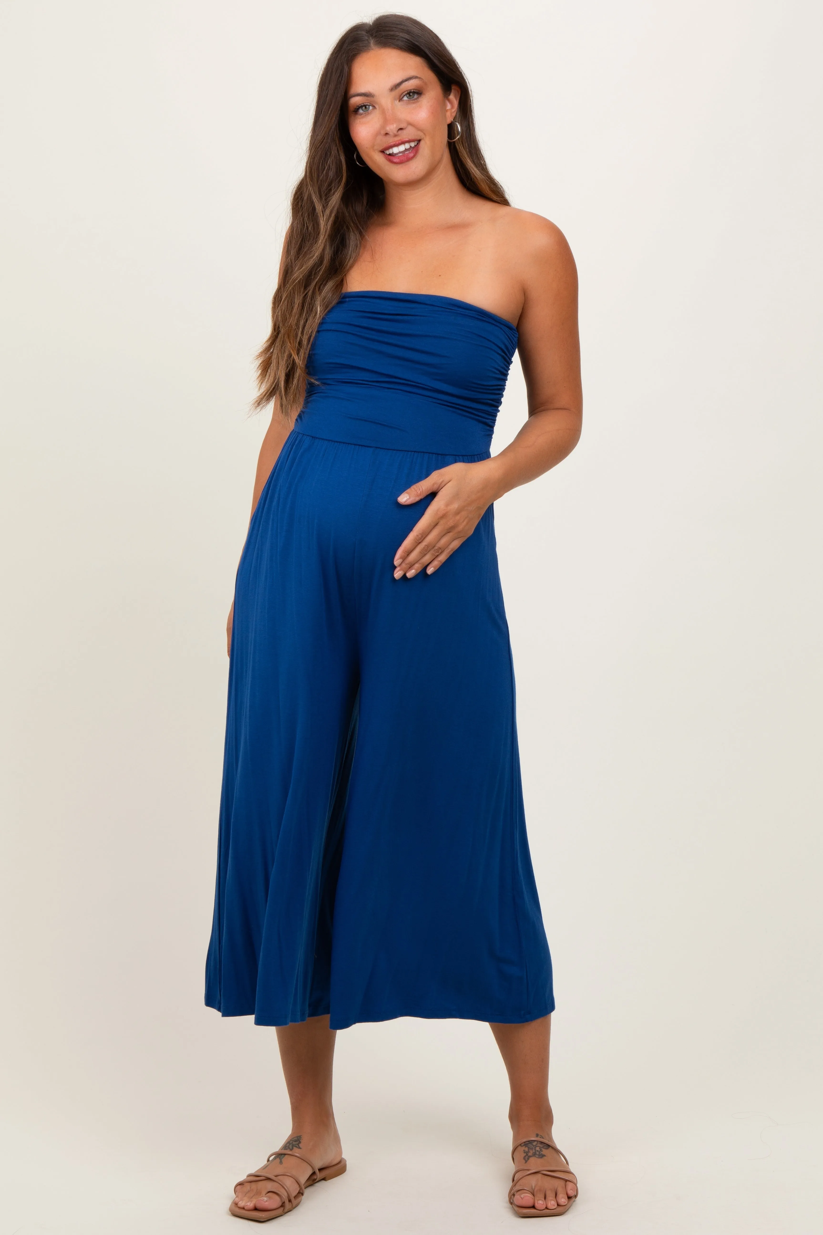 Navy Double Layered Strapless Tube Top Maternity Jumpsuit sold by Pinkblush