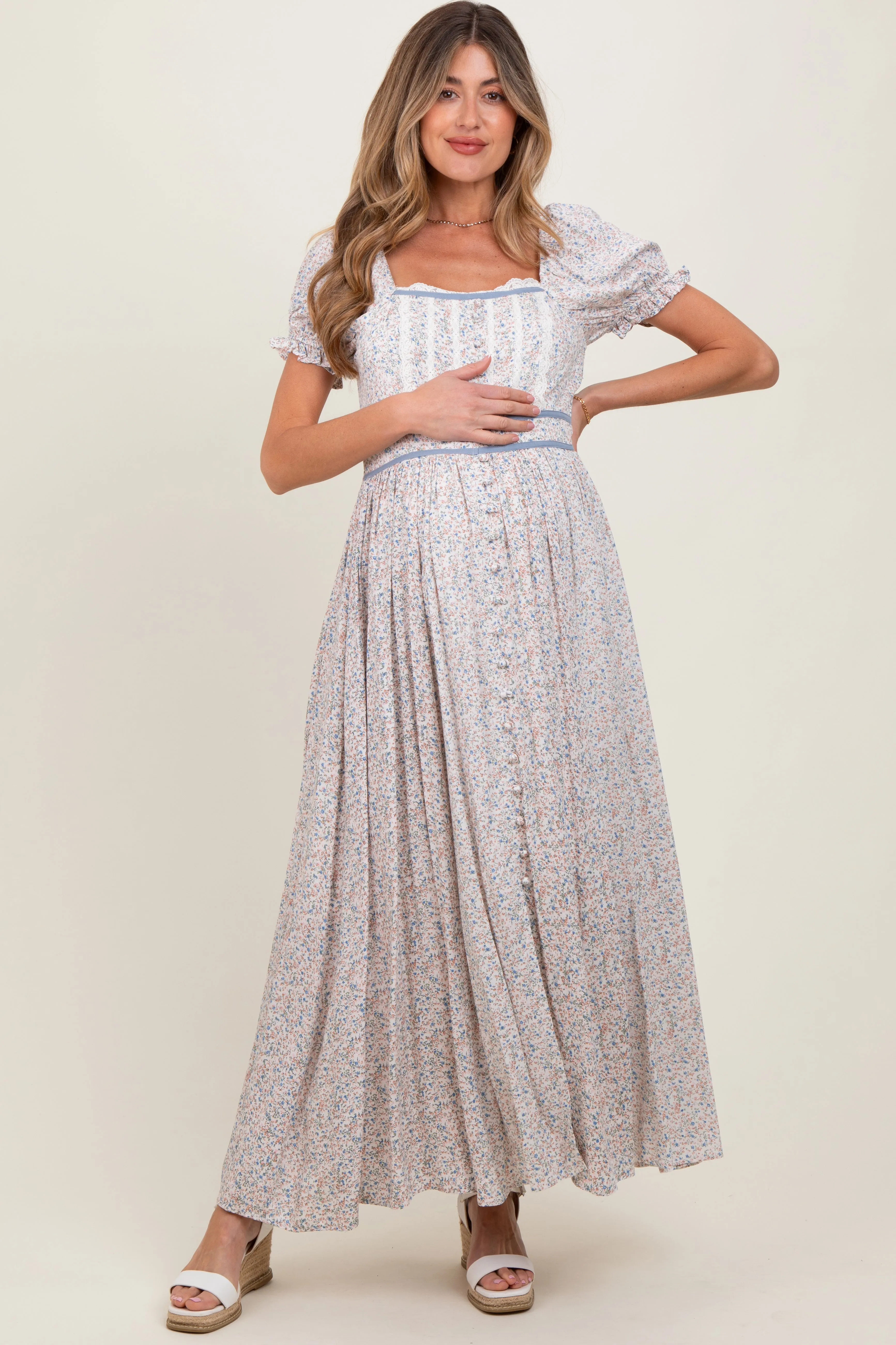 Cream Floral Lace Trim Maternity Maxi Dress sold by Pinkblush