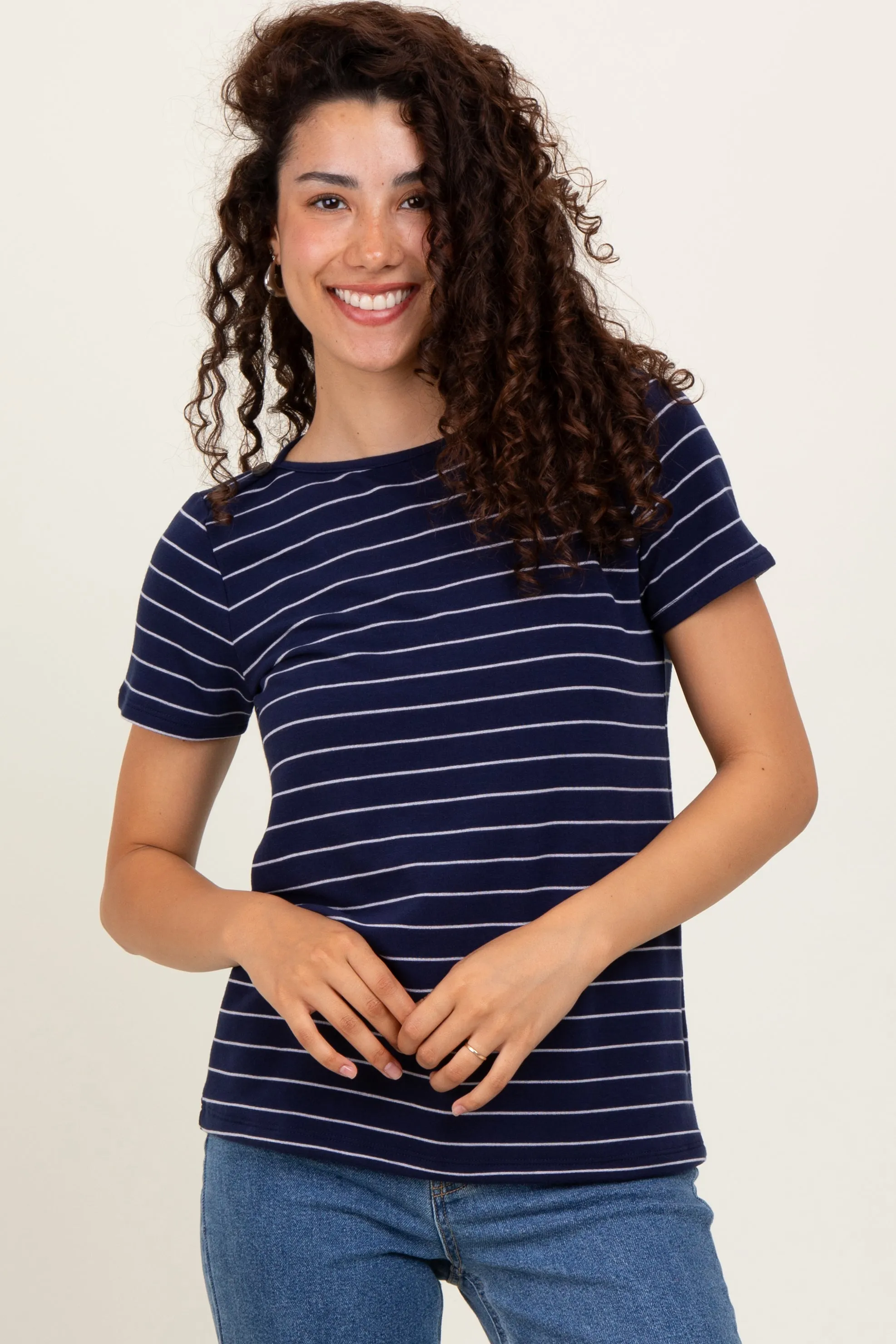 Navy Striped Button Shoulder Detail Top sold by Pinkblush