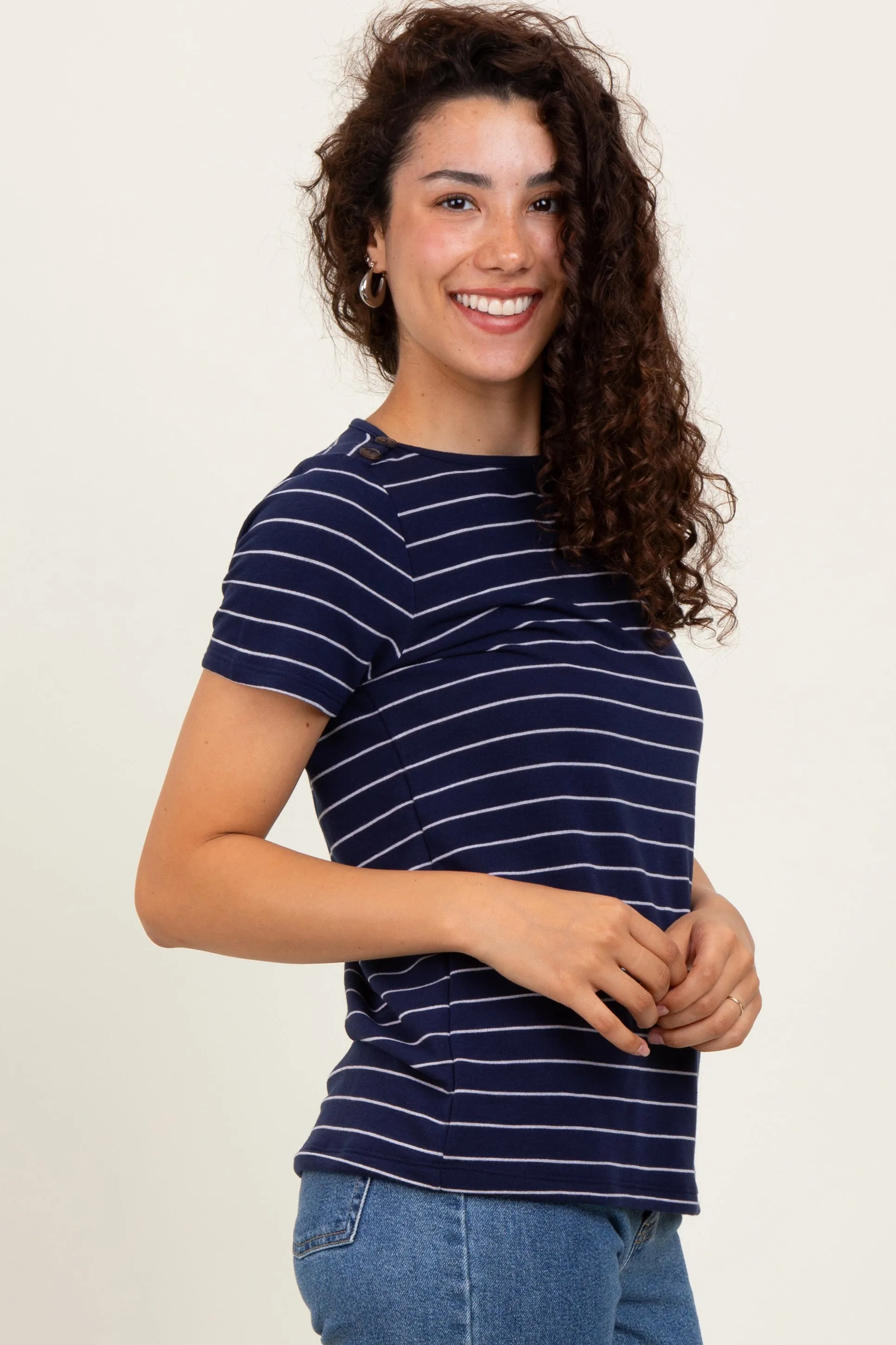 Navy Striped Button Shoulder Detail Top sold by Pinkblush product image thumbnail 2