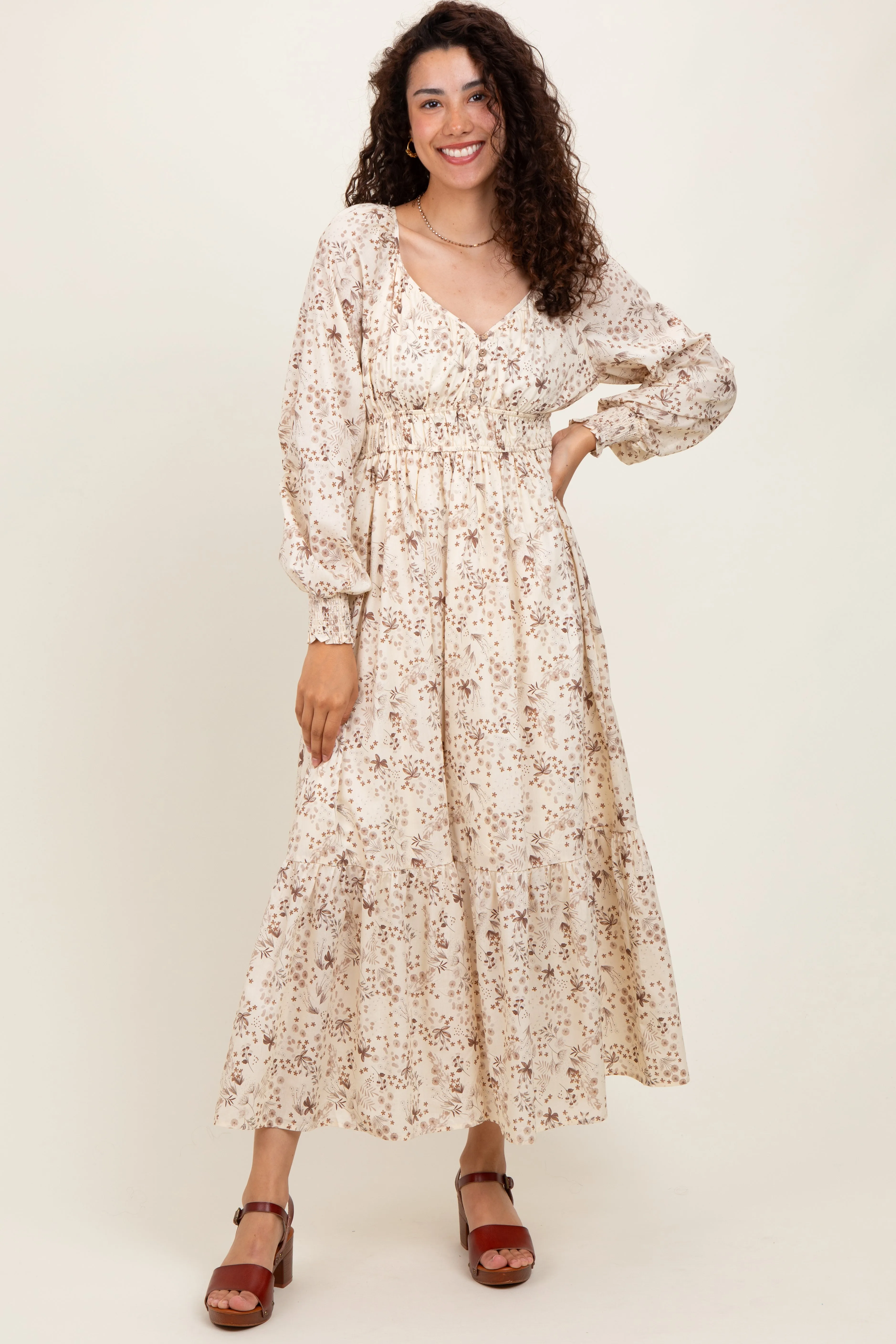 Cream Raglan Sleeve Floral Button Maxi Dress sold by Pinkblush