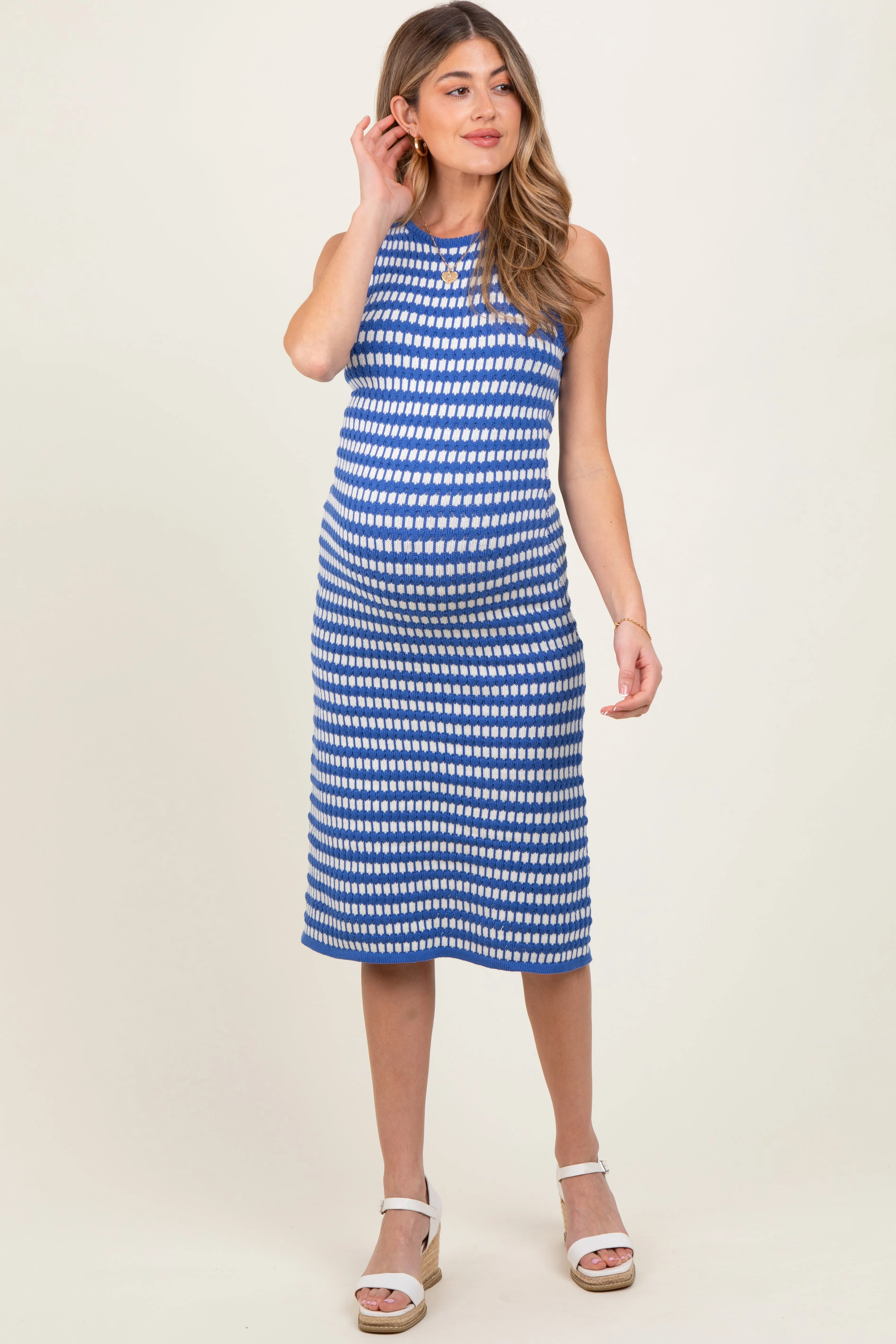 Blue-White Stripe Sleeveless Round Neck Knit Maternity Midi Dress sold by Pinkblush product image thumbnail 2