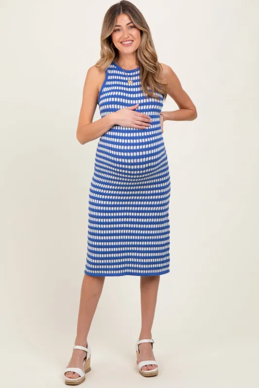 Blue-White Stripe Sleeveless Round Neck Knit Maternity Midi Dress sold by Pinkblush
