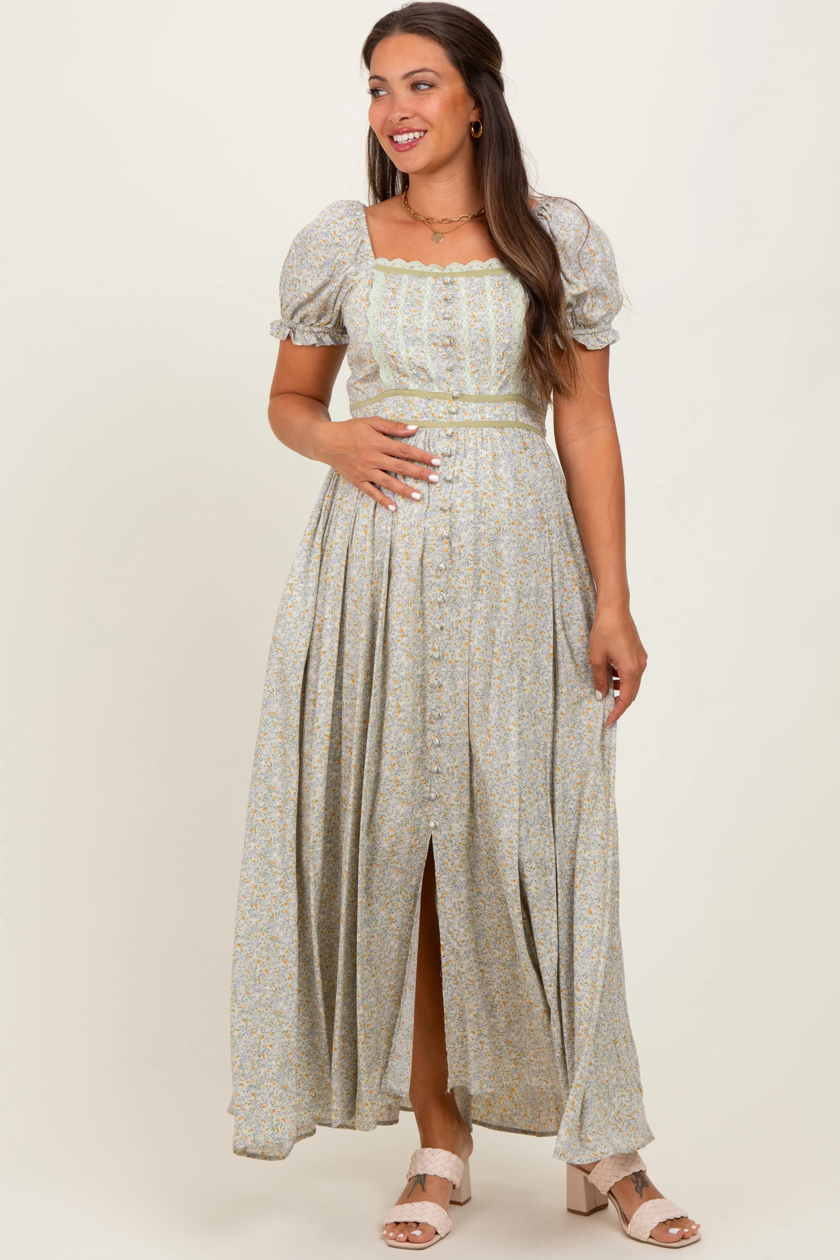 Light Olive Floral Lace Trim Maternity Maxi Dress sold by Pinkblush product image thumbnail 2