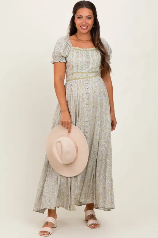 Light Olive Floral Lace Trim Maternity Maxi Dress sold by Pinkblush